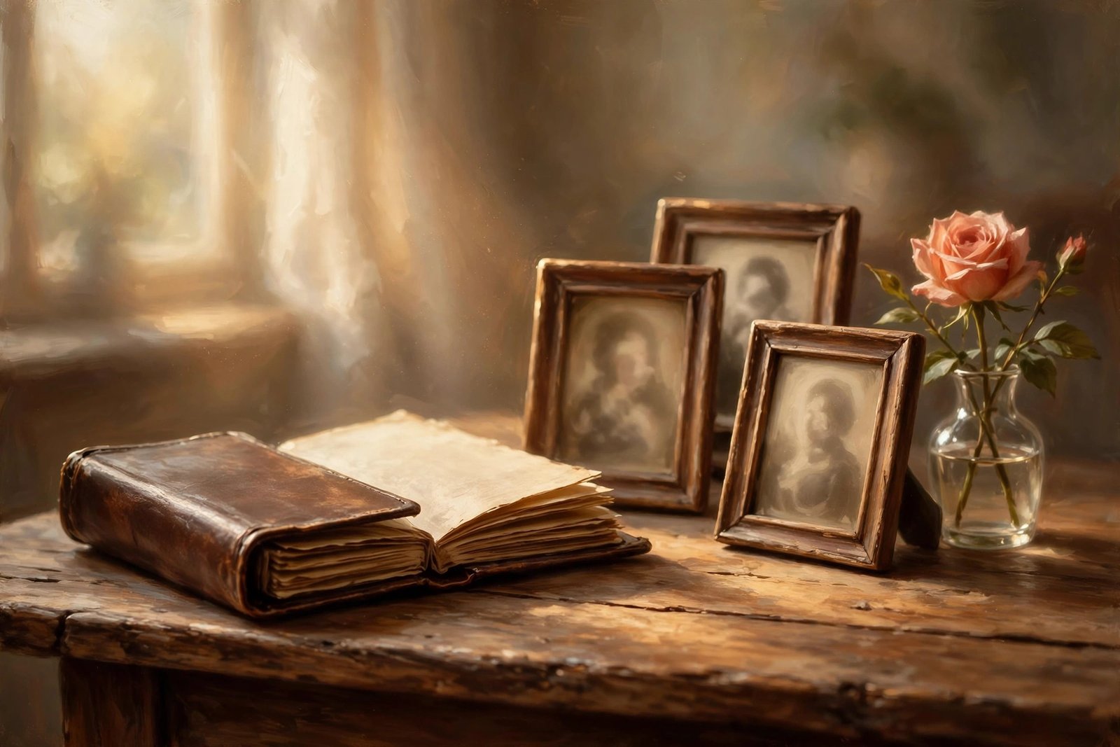 Illustration of a vintage family photo album and framed sepia photographs, evoking the private family life of Gloria DeLouise