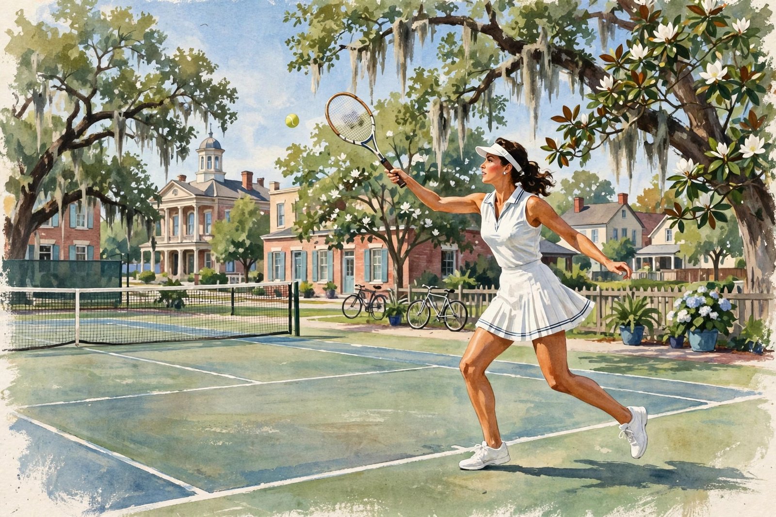 Illustrative portrait of a woman playing tennis on a sunny court in Georgia