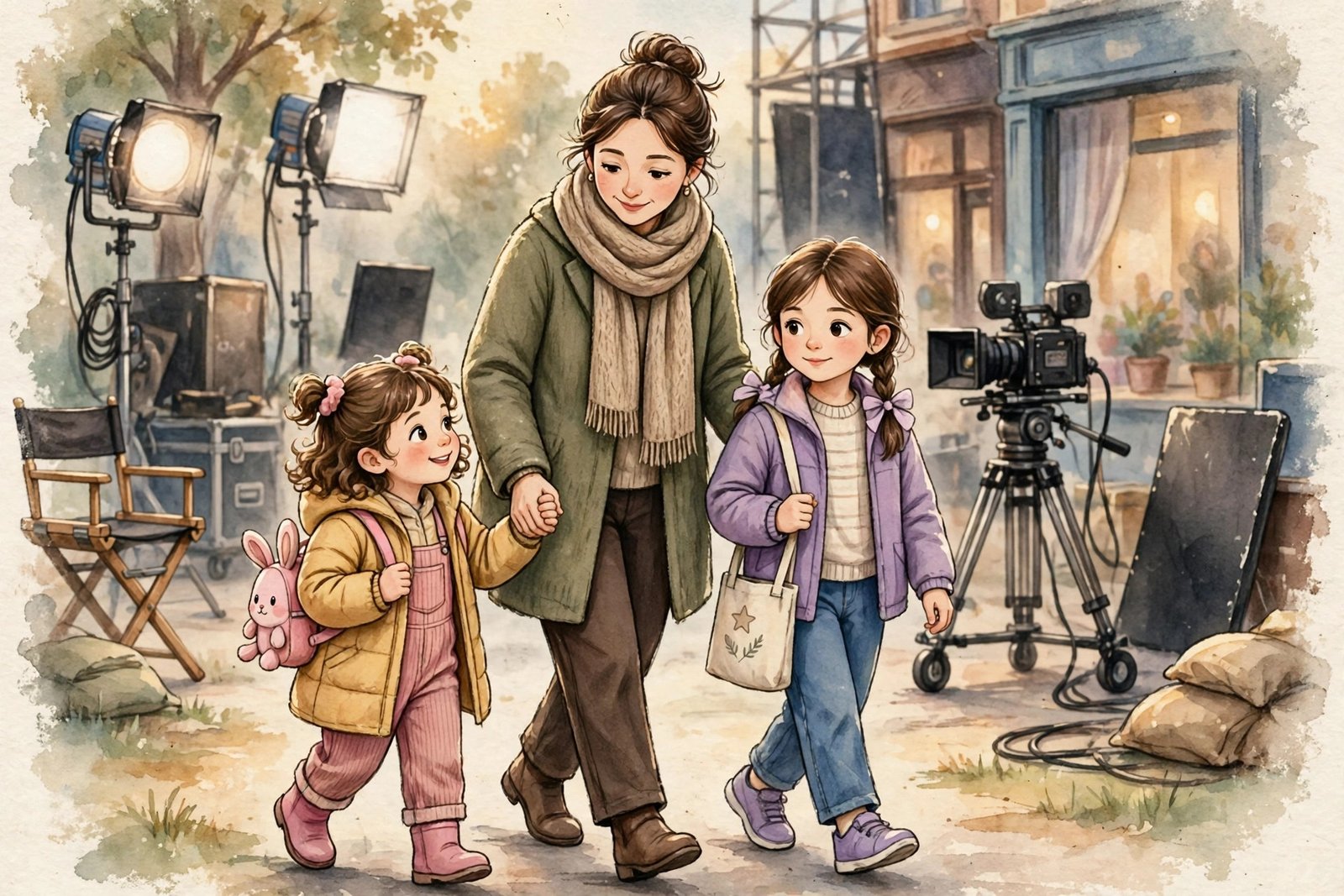 Illustrative scene of a supportive mother walking with two young daughters near a film set