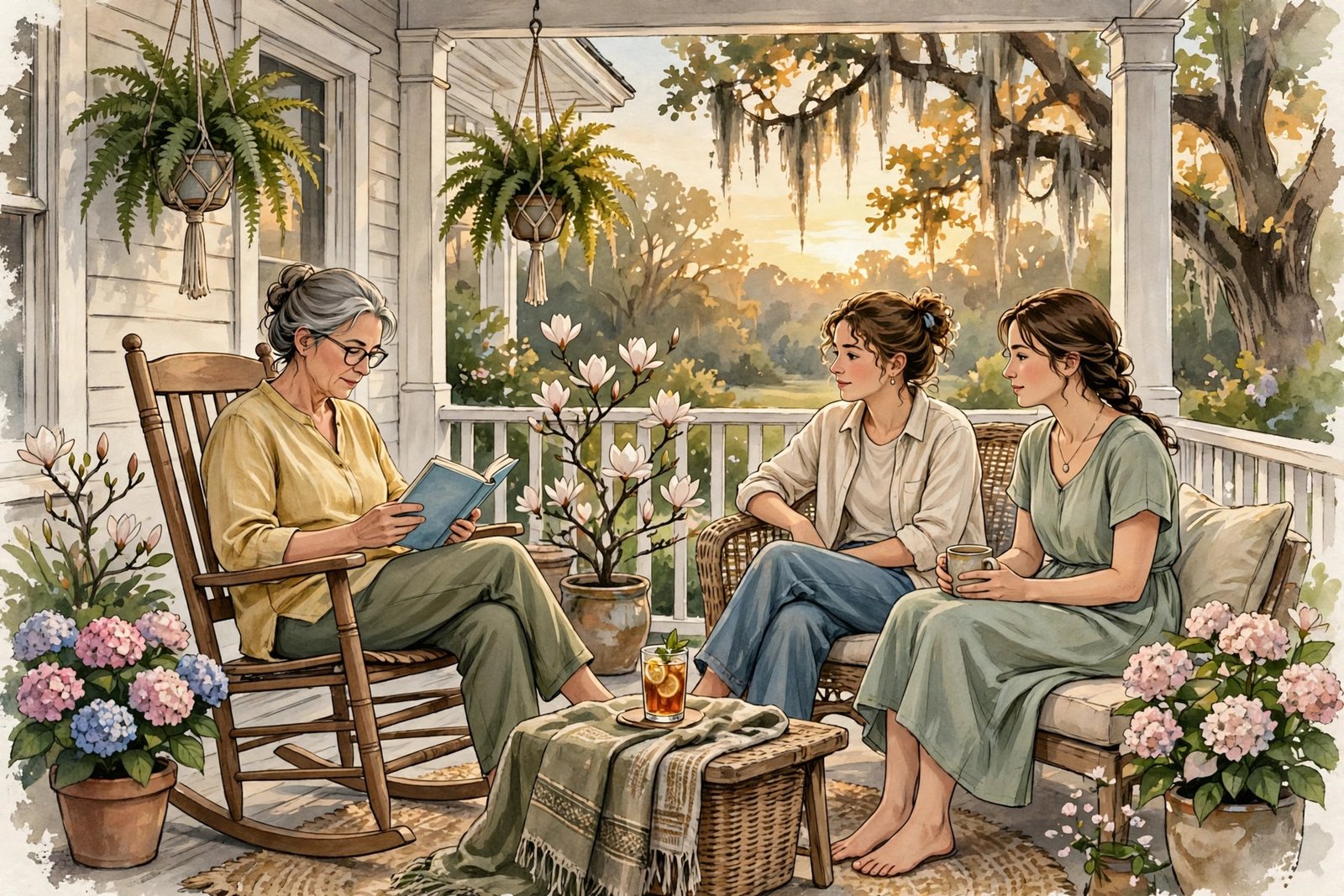 Illustrative scene of a quiet Georgia family home porch at golden hour