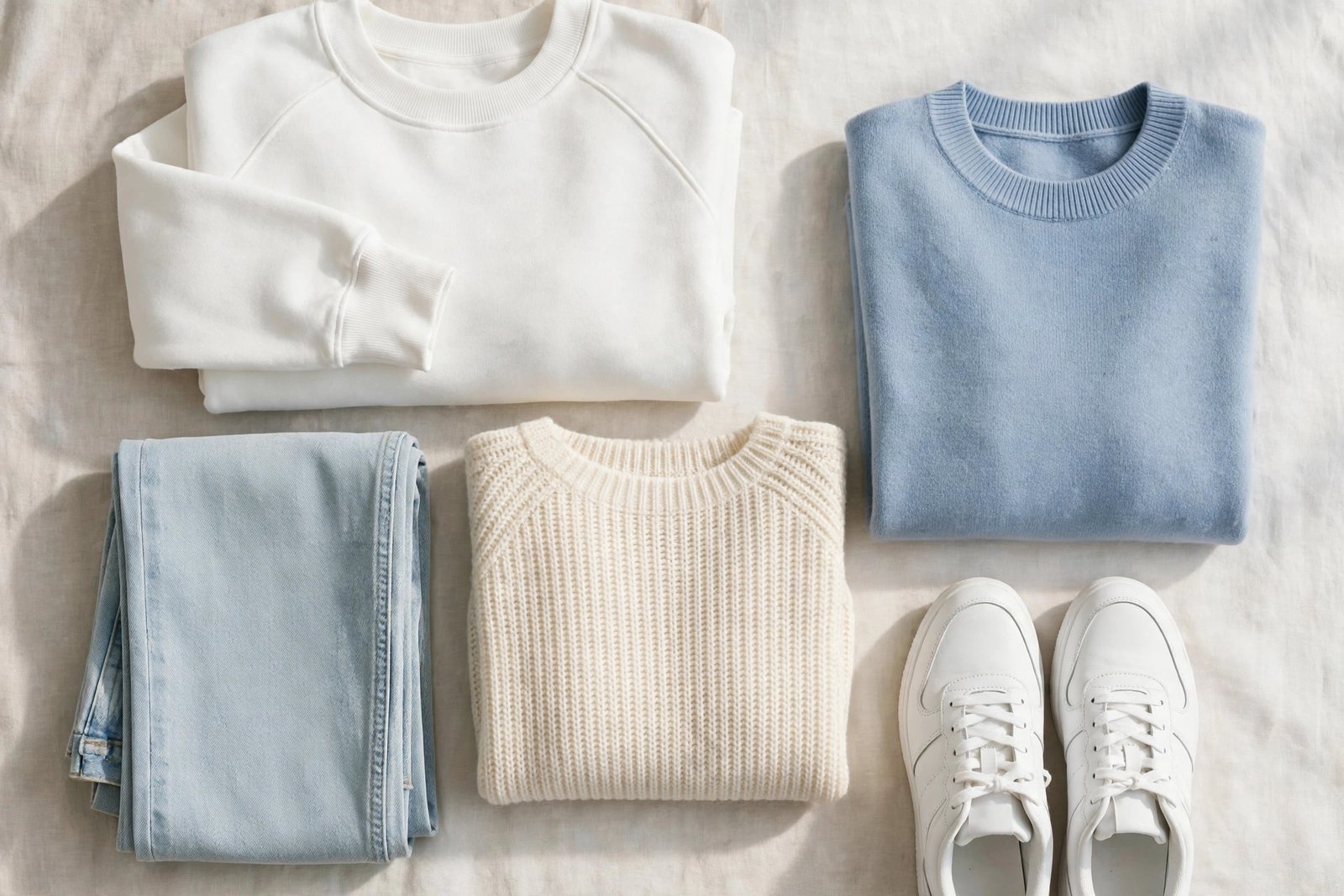 Flat lay of light colored apparel including a white sweatshirt, cream knit top, soft blue crewneck, light denim and white sneakers