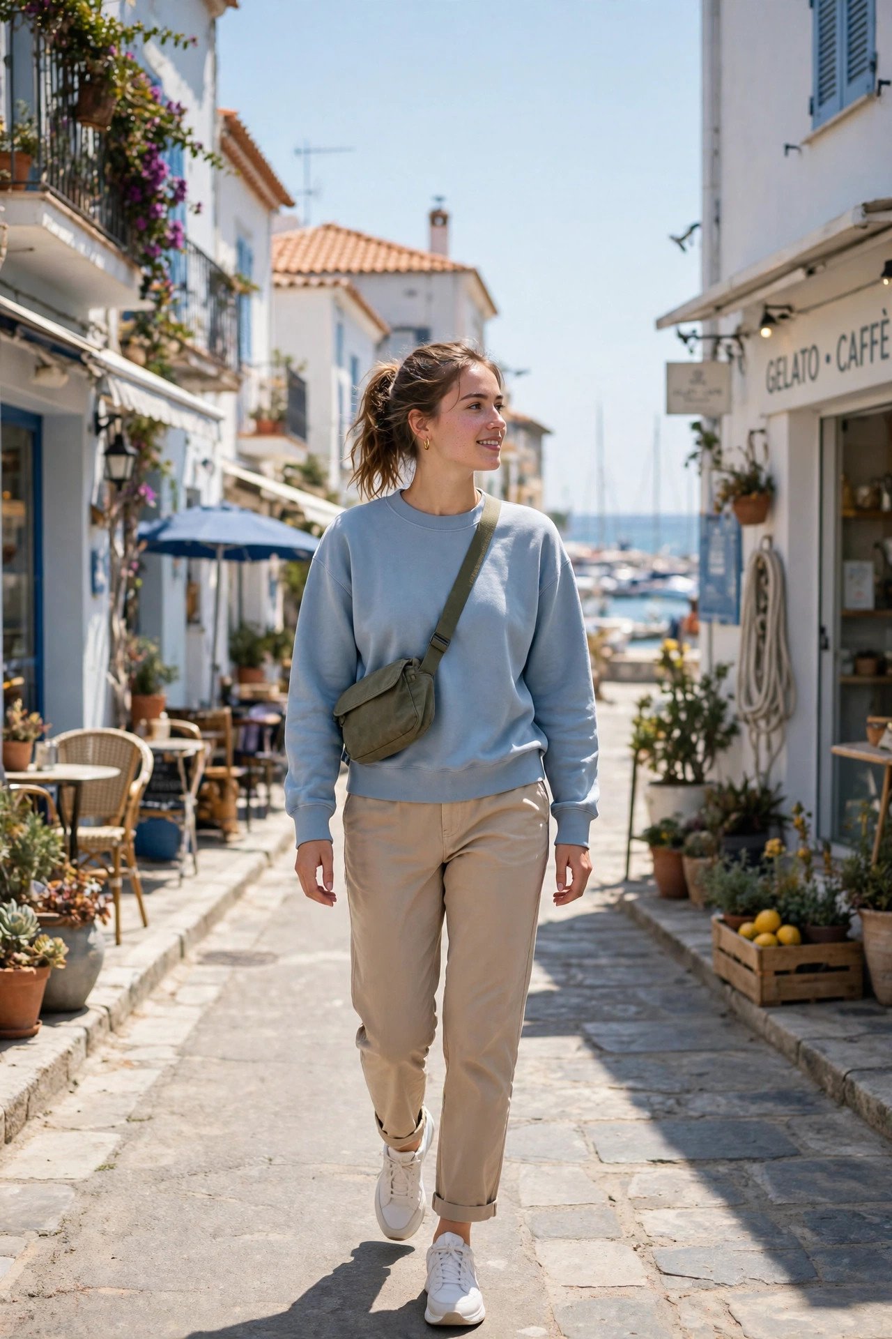 Person wearing a soft powder blue sweatshirt with beige trousers and white trainers in a bright street