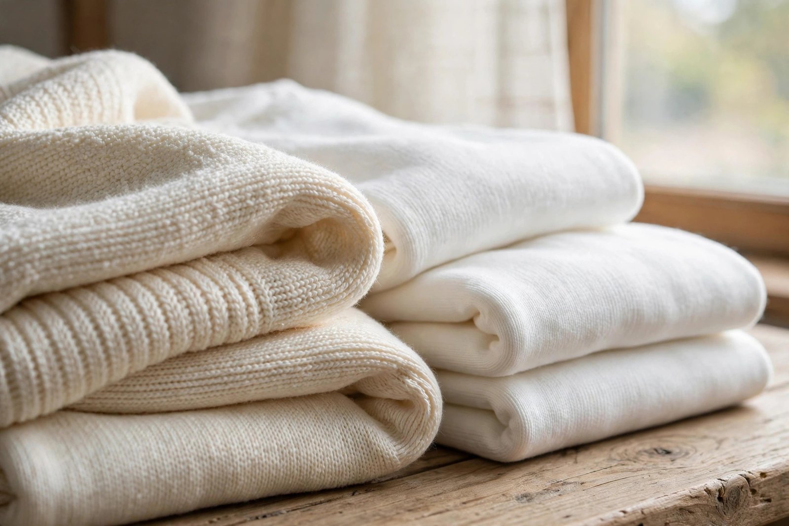 Close up of smooth light colored cotton knit fabric in white and cream tones folded on a table in soft daylight