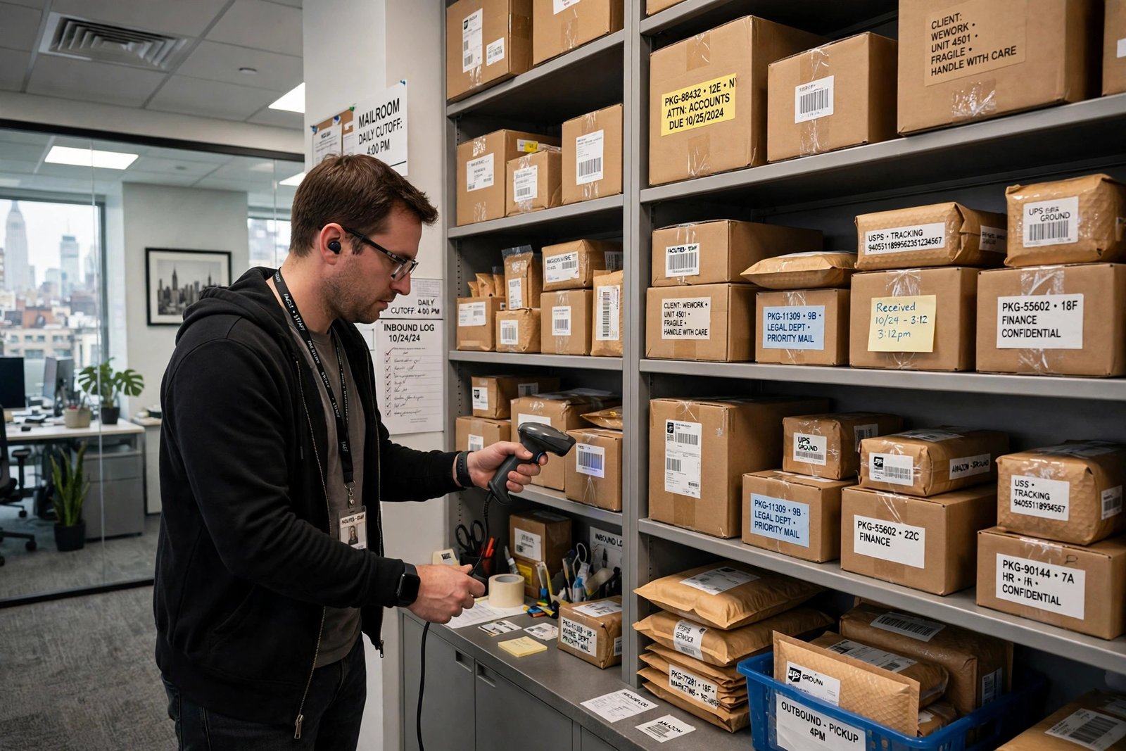 Office mailroom shelves filled with labeled parcels being scanned by a staff member in a New York office