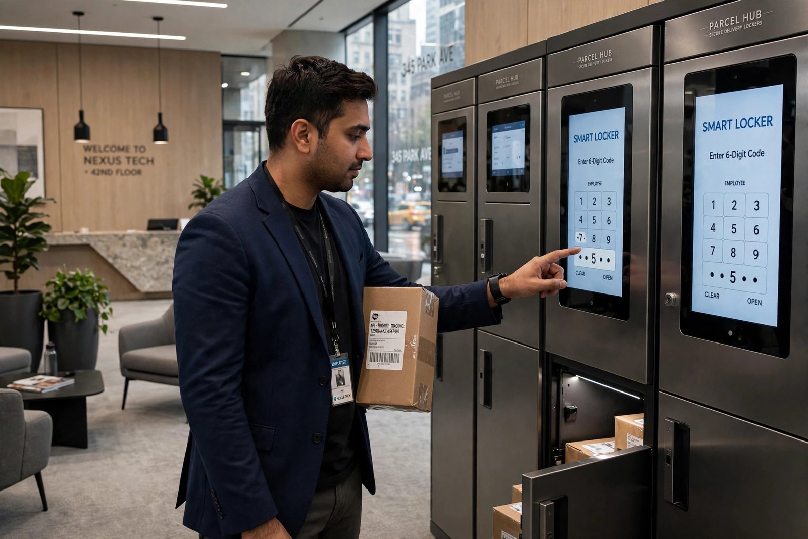Employee collecting a package from smart parcel lockers in a modern New York office lobby