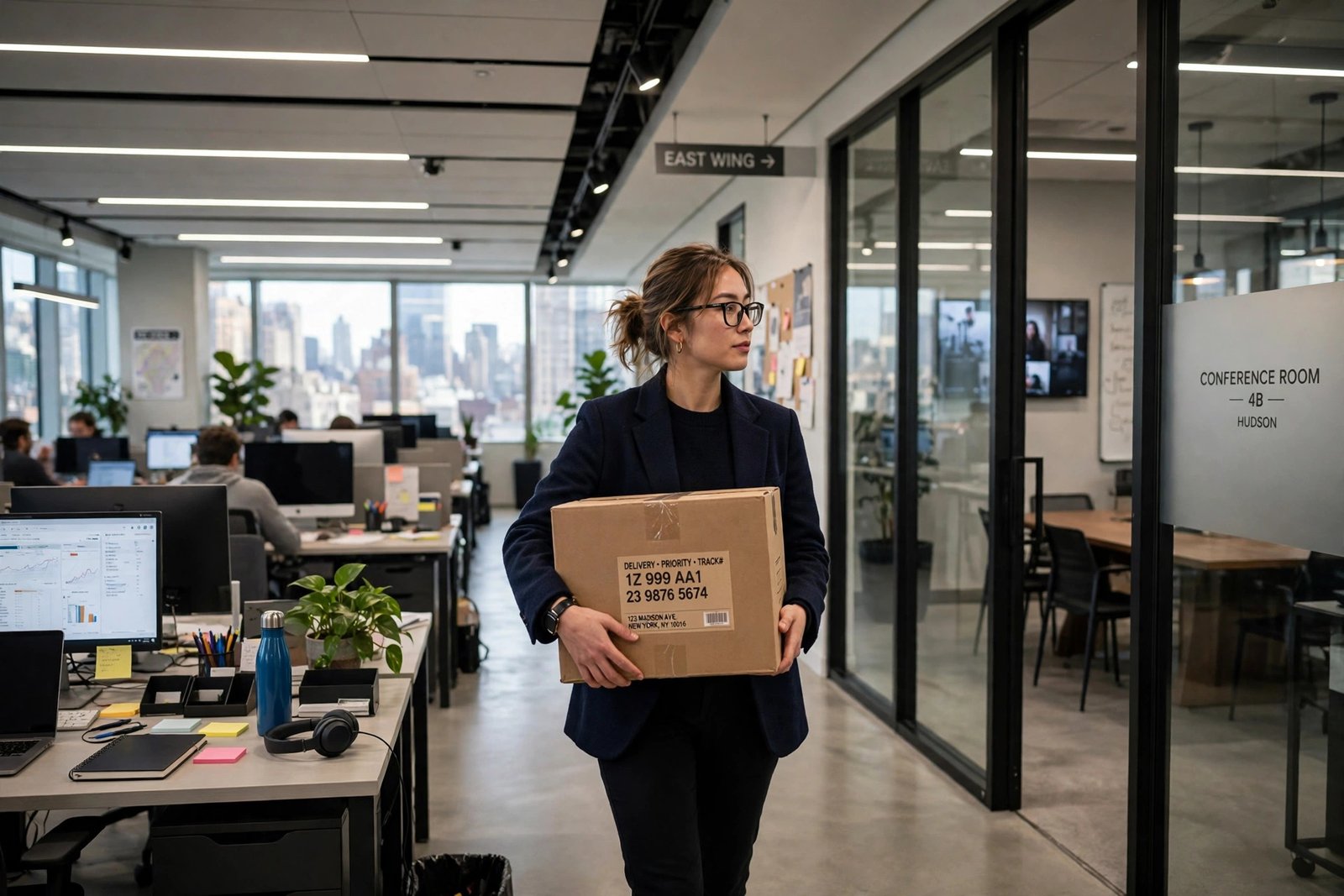 Office employee carrying a cardboard delivery parcel through a bright modern New York office
