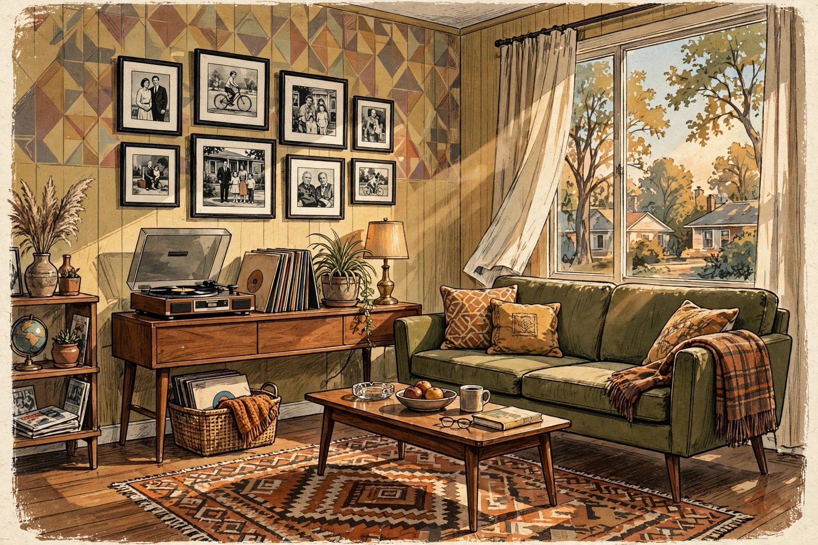 Illustrated scene of a vintage 1960s family home and vinyl records evoking Patsy Cline's era