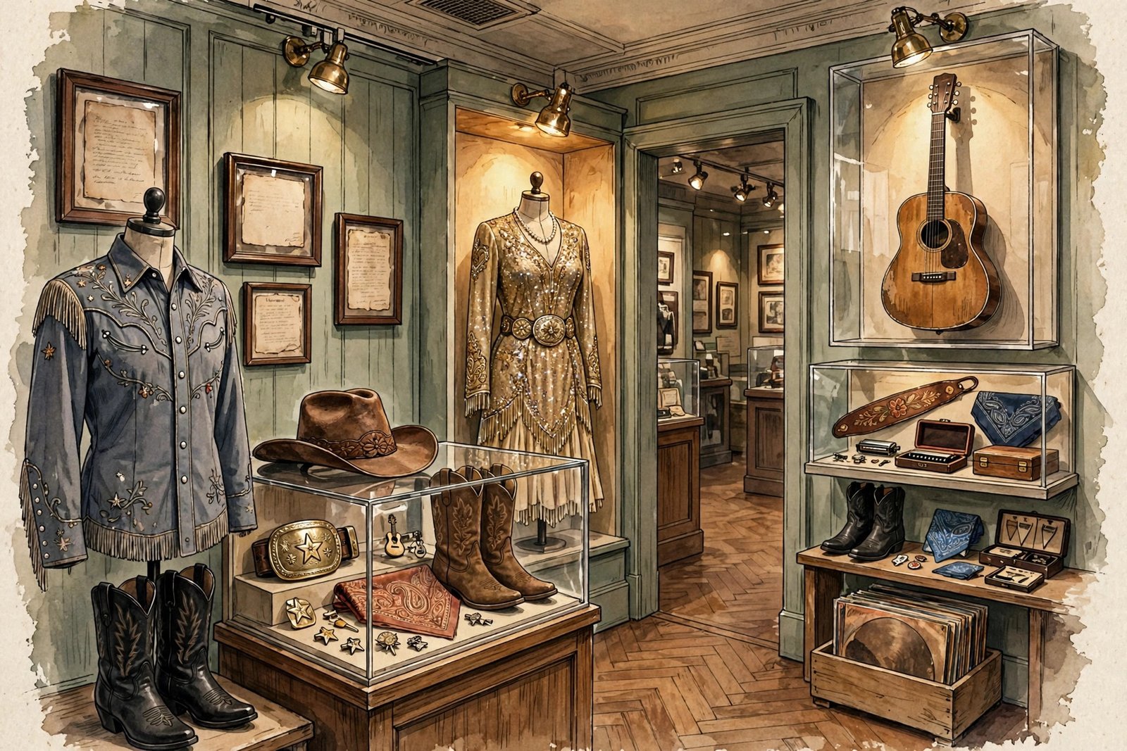 Illustrated museum gallery scene with vintage stage costumes and memorabilia