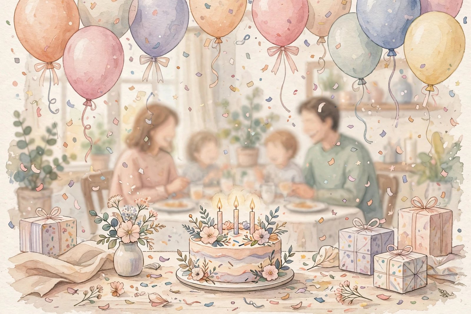 Editorial illustration of a birthday celebration with balloons and confetti, representing Shante Broadus's 2020 birthday tribute to Sharelle Fuller