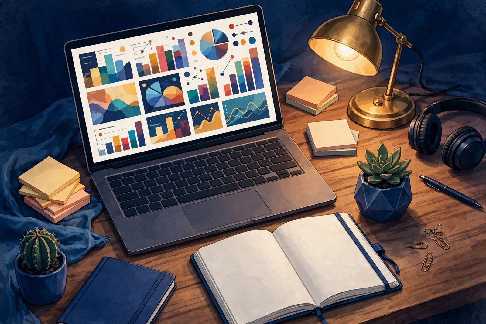 A data scientist's desk with a laptop displaying analytics dashboards, charts, and notebooks