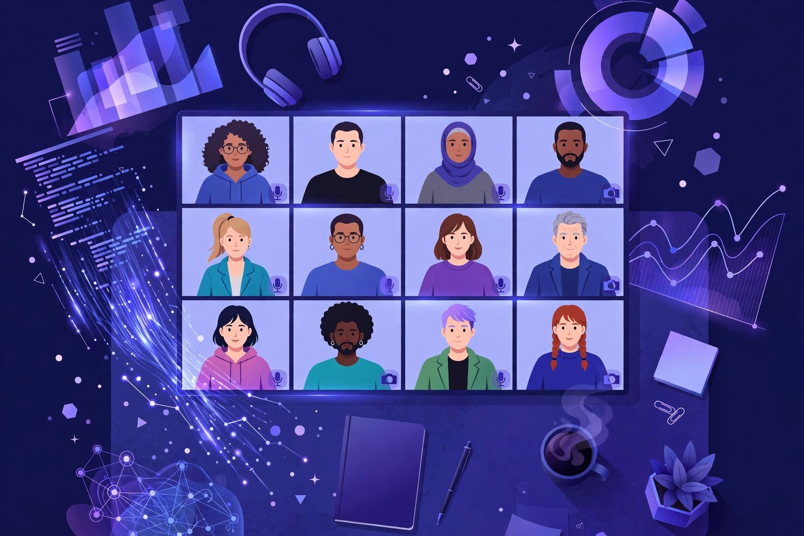 Learners attending an online data science training workshop with charts and code visuals