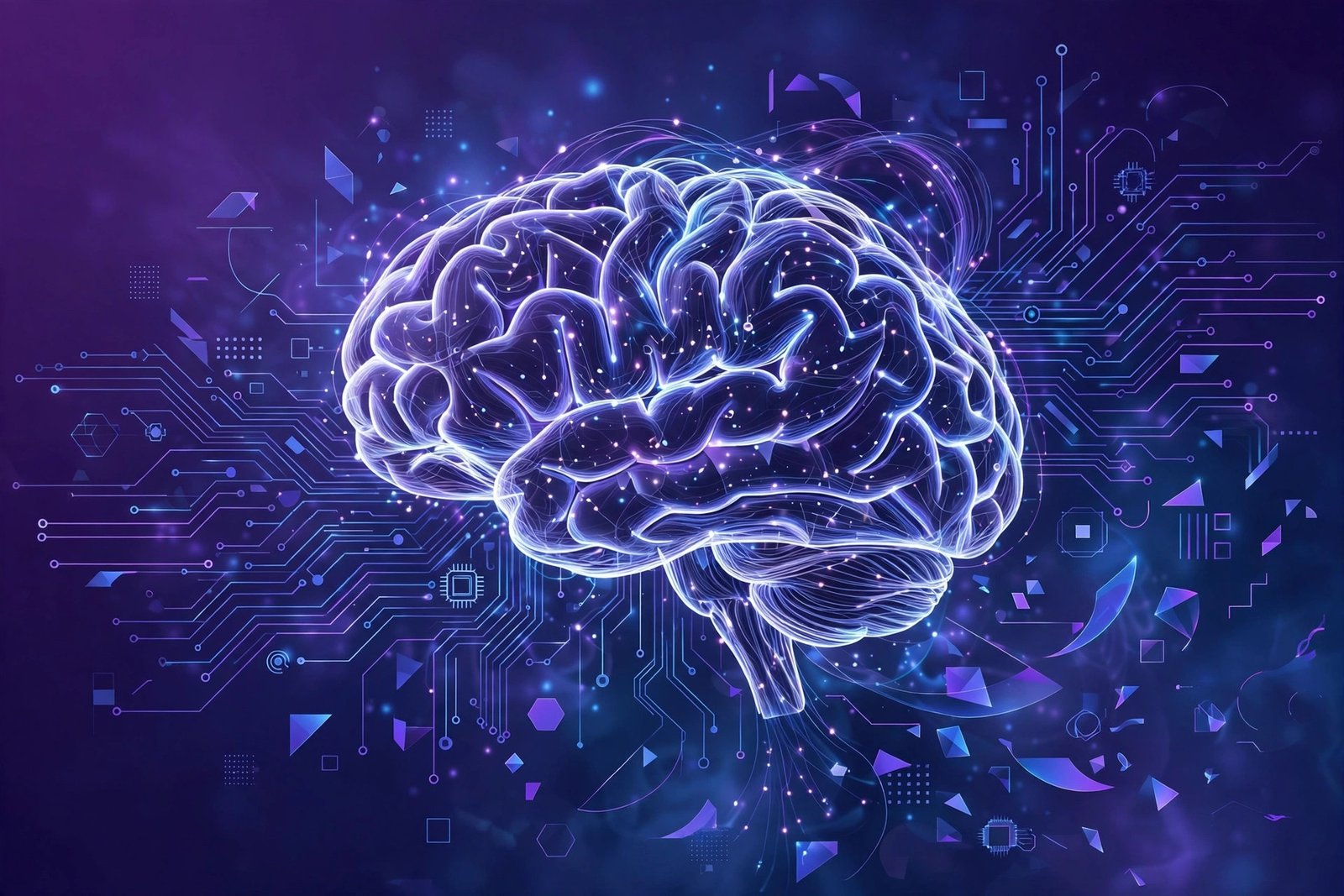 Abstract illustration of a glowing brain formed from data streams, representing machine learning concepts