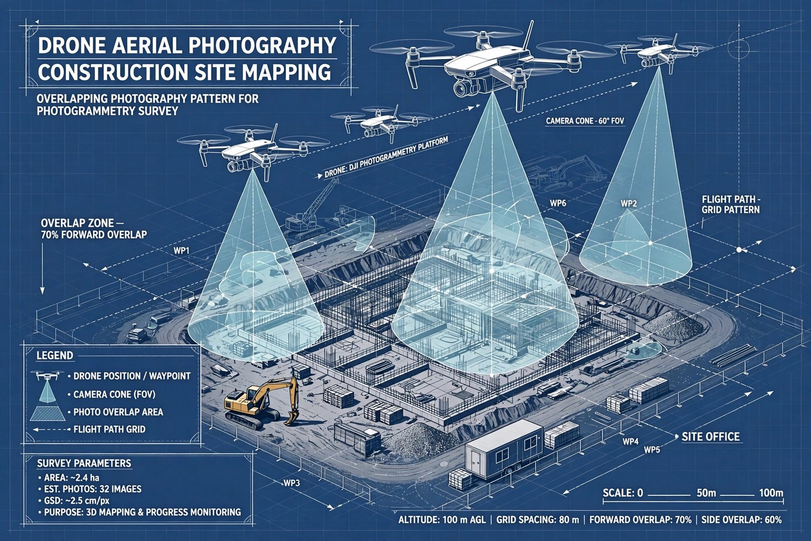 Drone capturing overlapping aerial photographs over a construction site for photogrammetry mapping, technical illustration