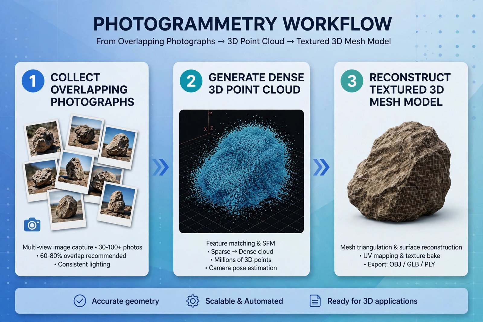 Workflow diagram showing overlapping photos transforming into a dense point cloud and then a textured 3D mesh model