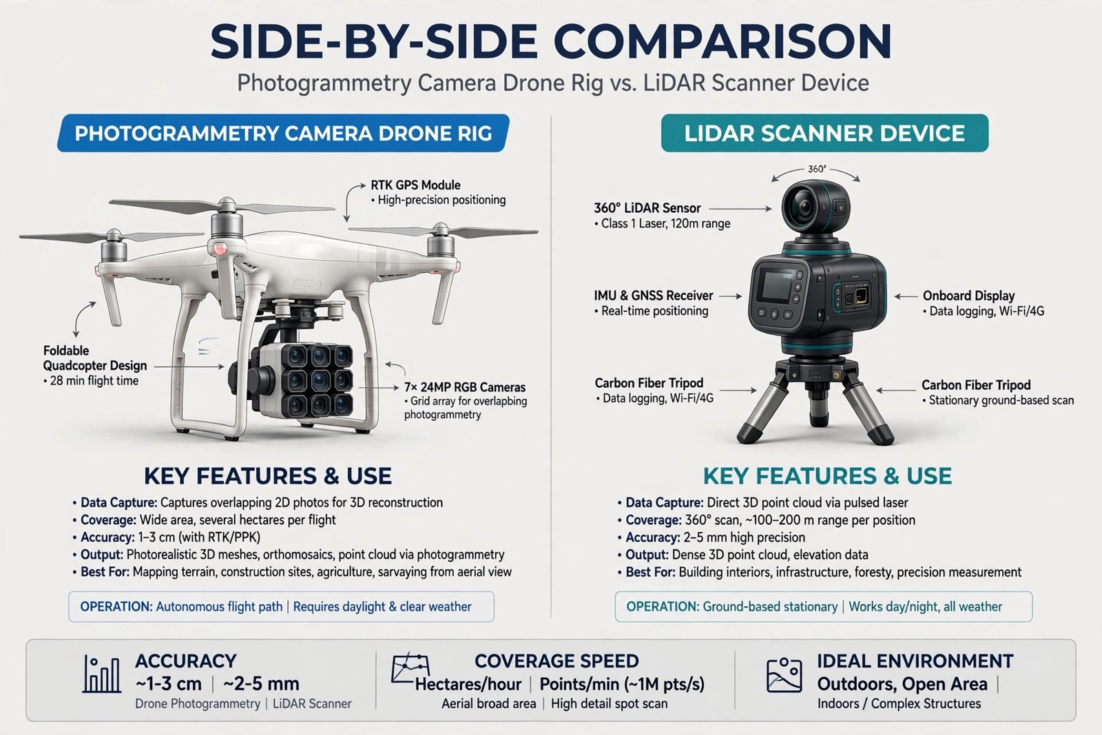 Side by side comparison illustration of a photogrammetry camera drone rig versus a LiDAR scanner device