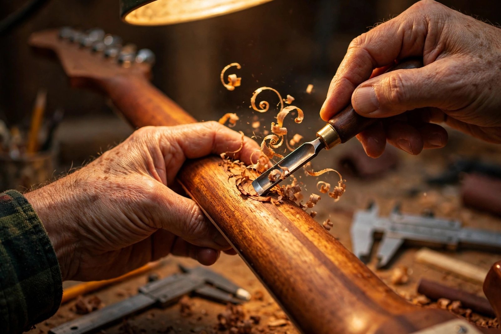 Luthier's hands carving the neck of an unfinished electric guitar under a workshop lamp