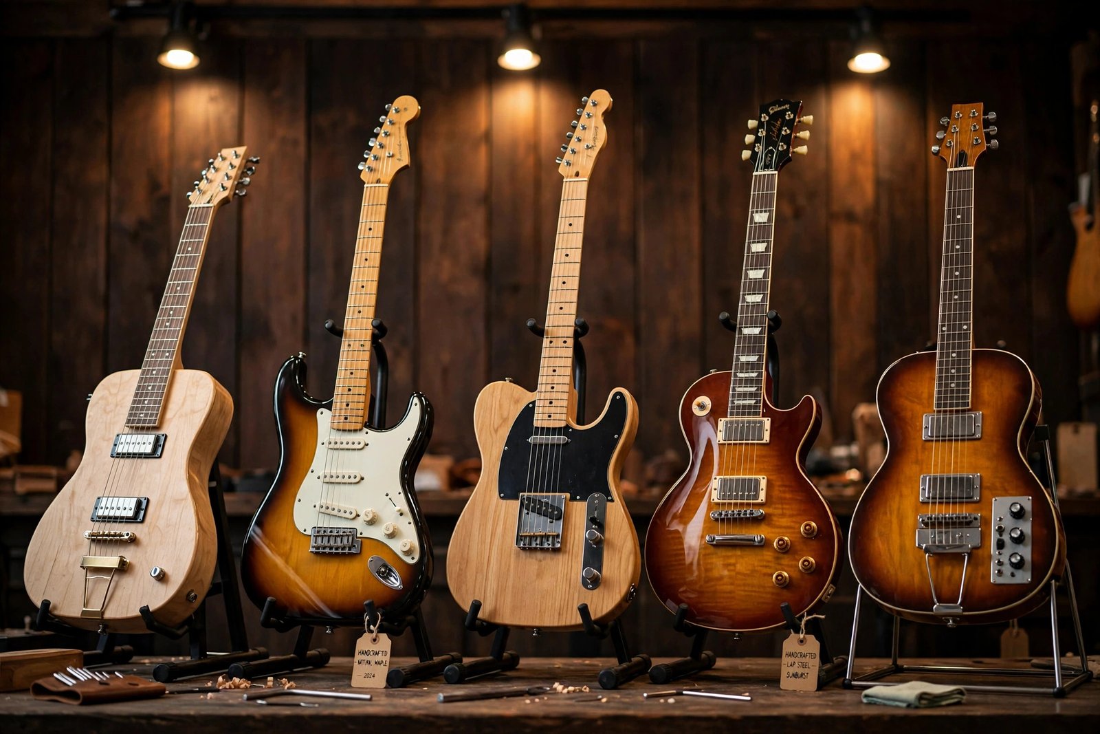 Handcrafted custom electric guitars and lap steel guitars displayed in a luthier showroom