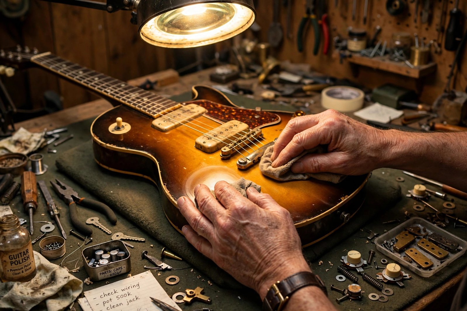 Guitar repairer polishing the sunburst finish of a vintage electric guitar on a padded workbench