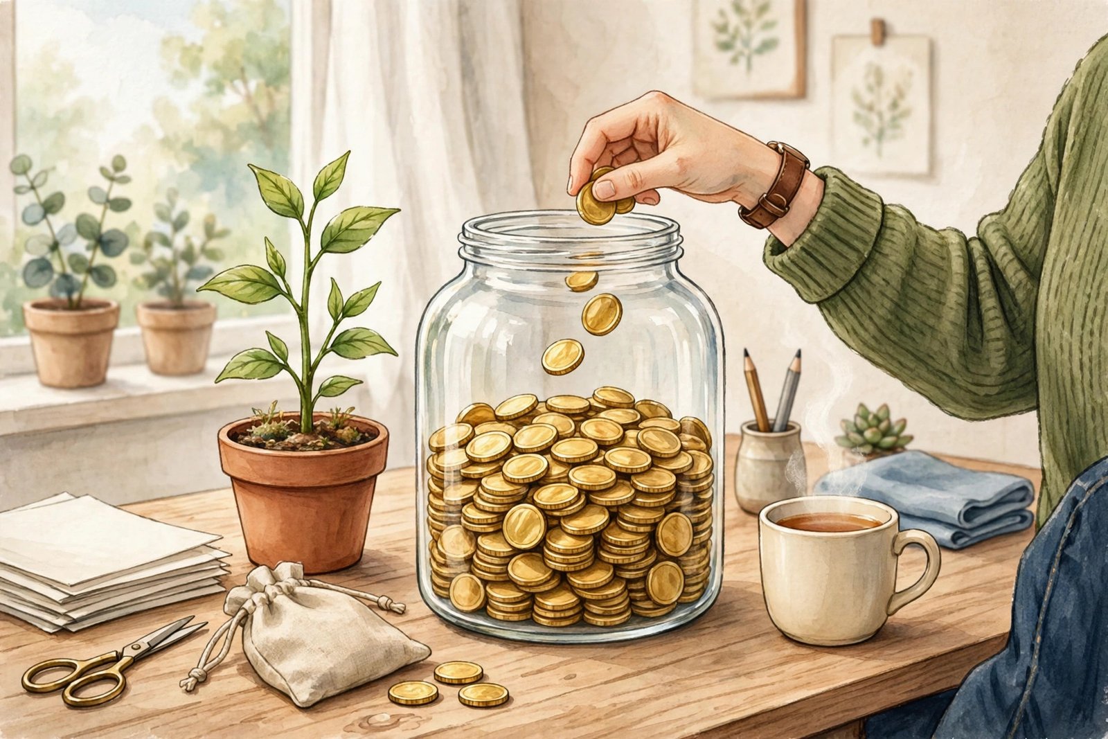 A person adding coins to a glass savings jar beside a small growing plant, symbolizing steady retirement saving