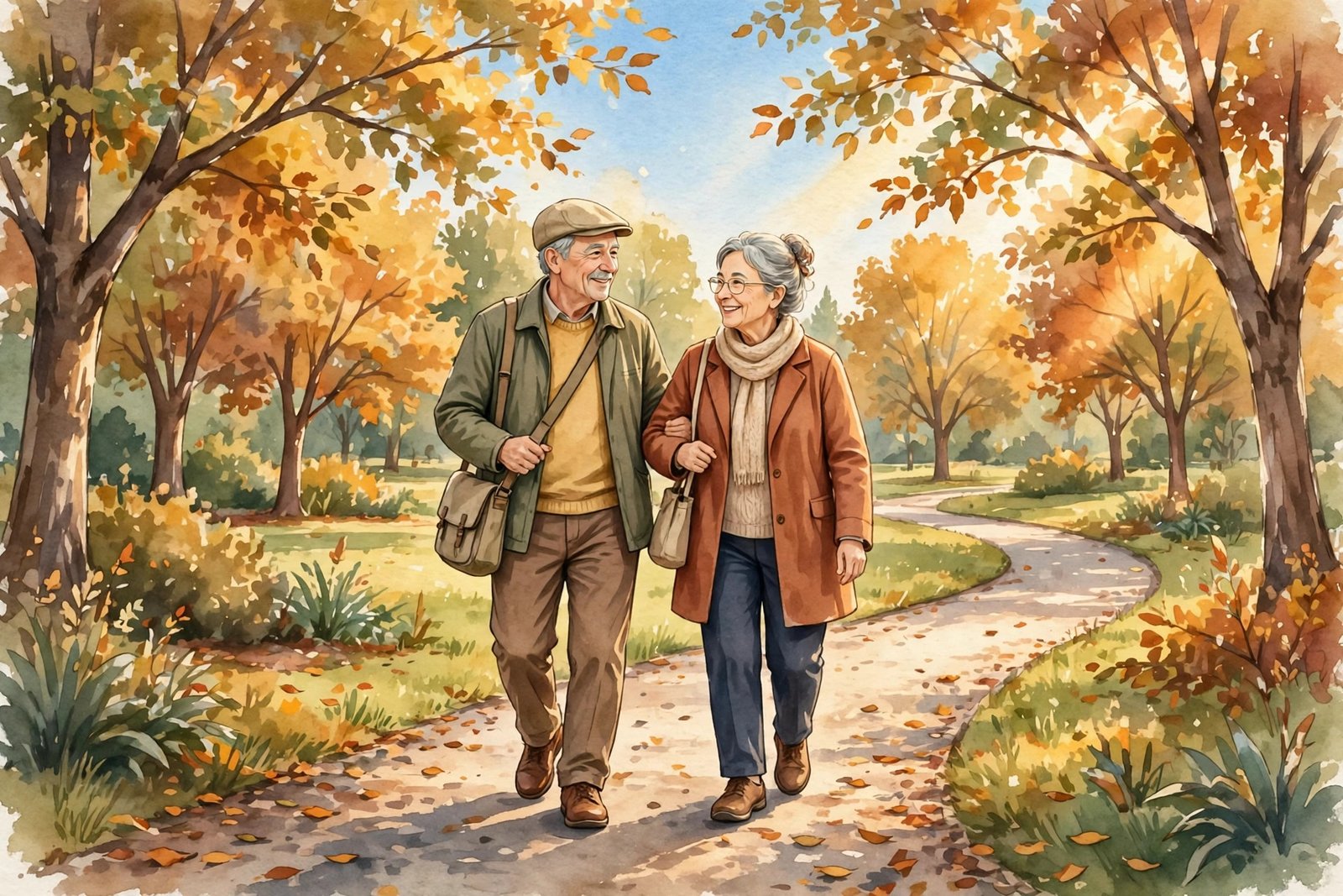 A retired couple enjoying a relaxed walk together in a sunny park, picturing a comfortable retirement lifestyle