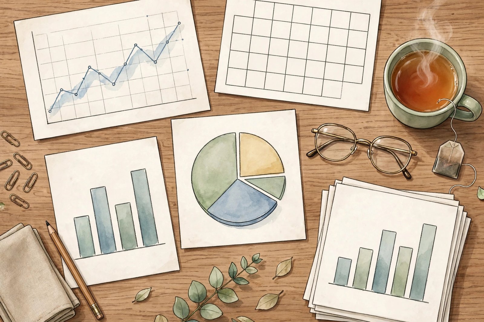 A tidy financial planning desk with charts, a calendar, reading glasses and a cup of tea