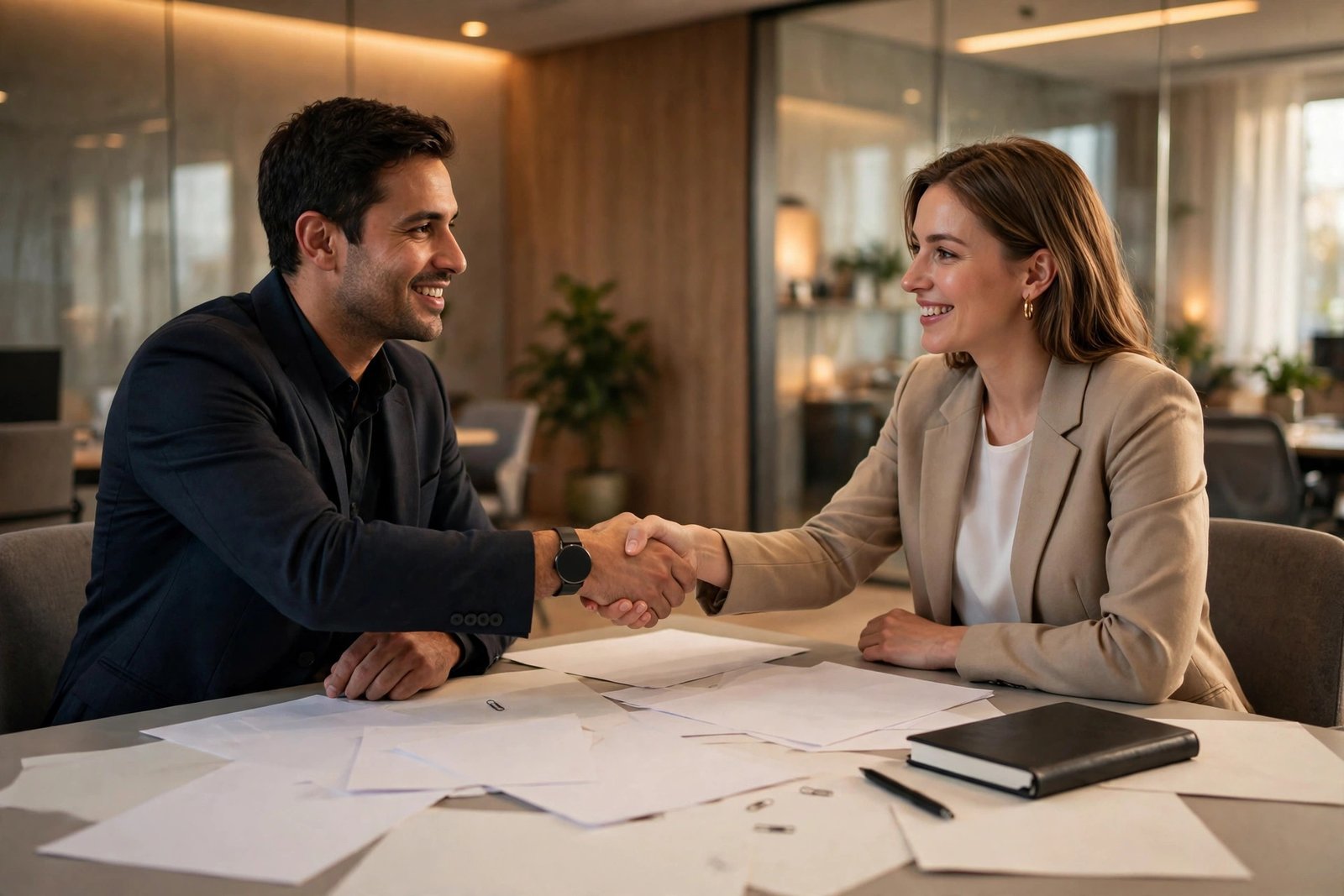 Business buyer and seller reviewing franchise documents during a resale meeting