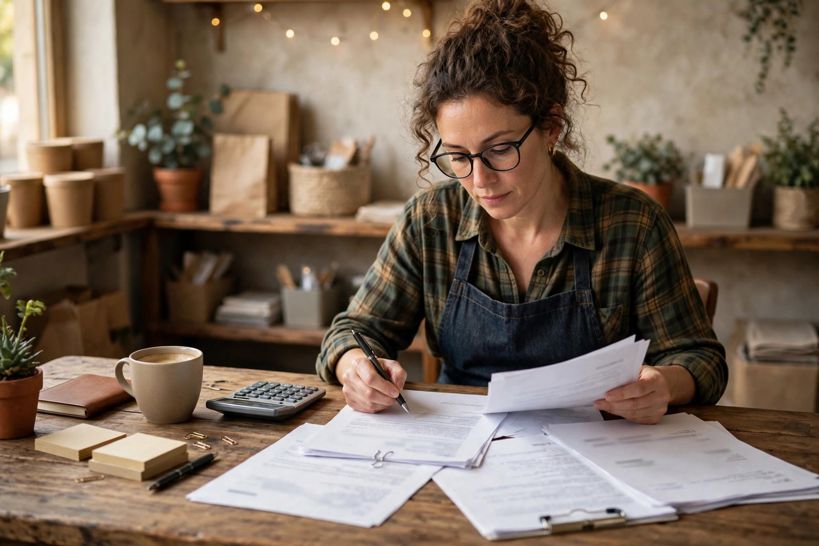 Franchise owner reviewing lease paperwork and financial documents at a desk