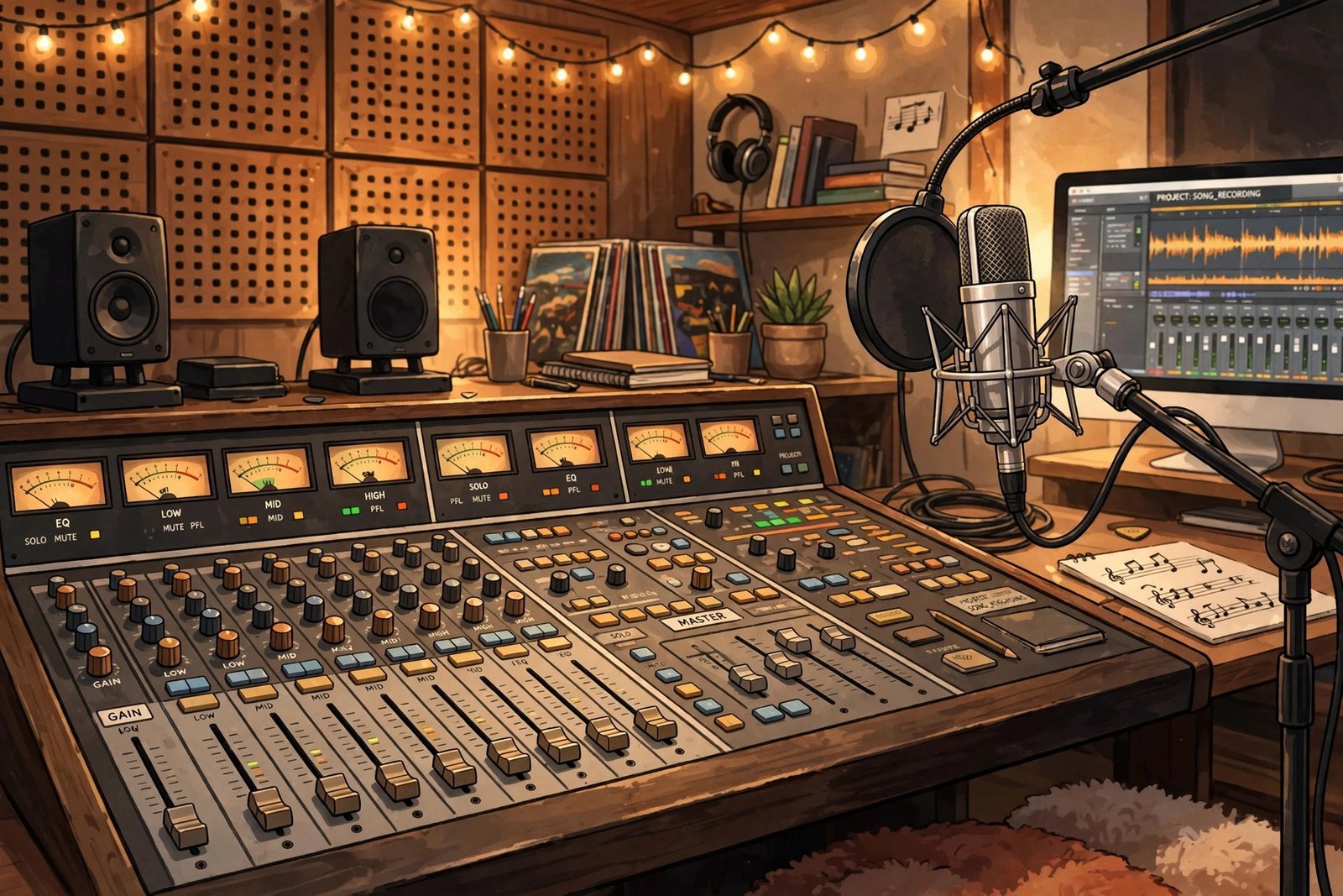 Illustration of a recording studio mixing console and microphone, representing media coverage of Nancy Grace's family story