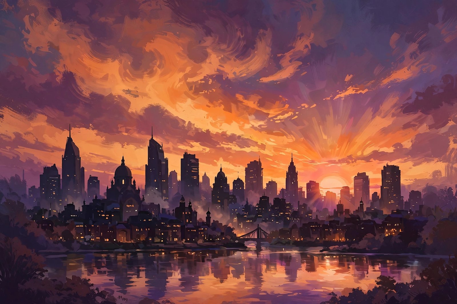Stylized illustration of a city skyline at dusk with warm sunset tones
