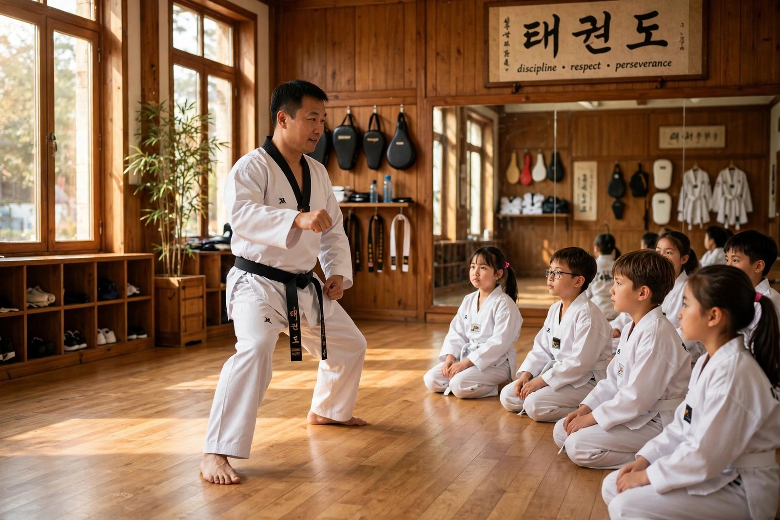 Taekwondo instructor leading a class of students in white doboks at a martial arts dojang