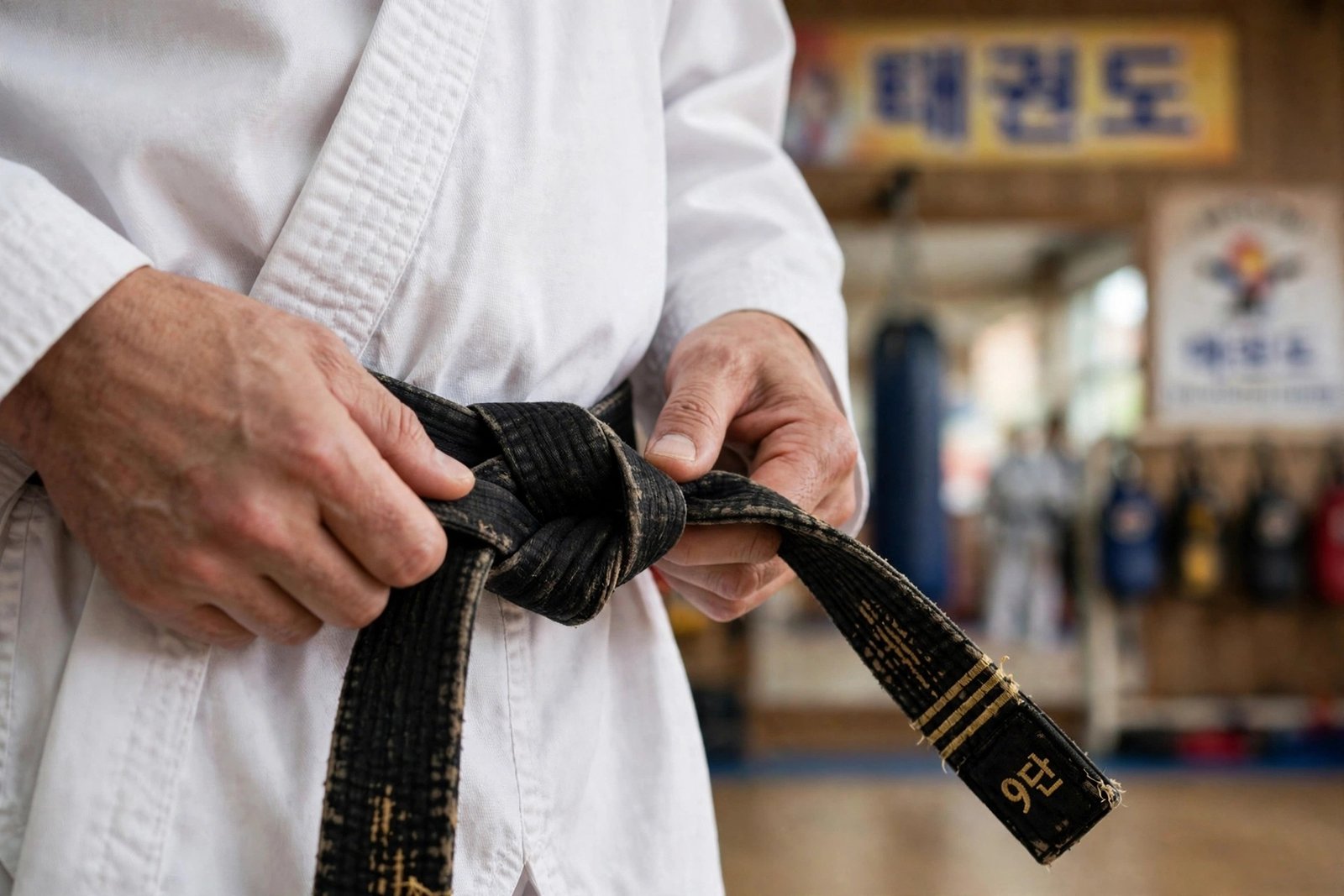 Close-up of a high-degree black belt tied around a white Taekwondo dobok