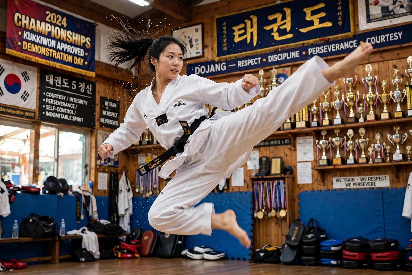 Taekwondo practitioner performing a high side kick during a dojang demonstration
