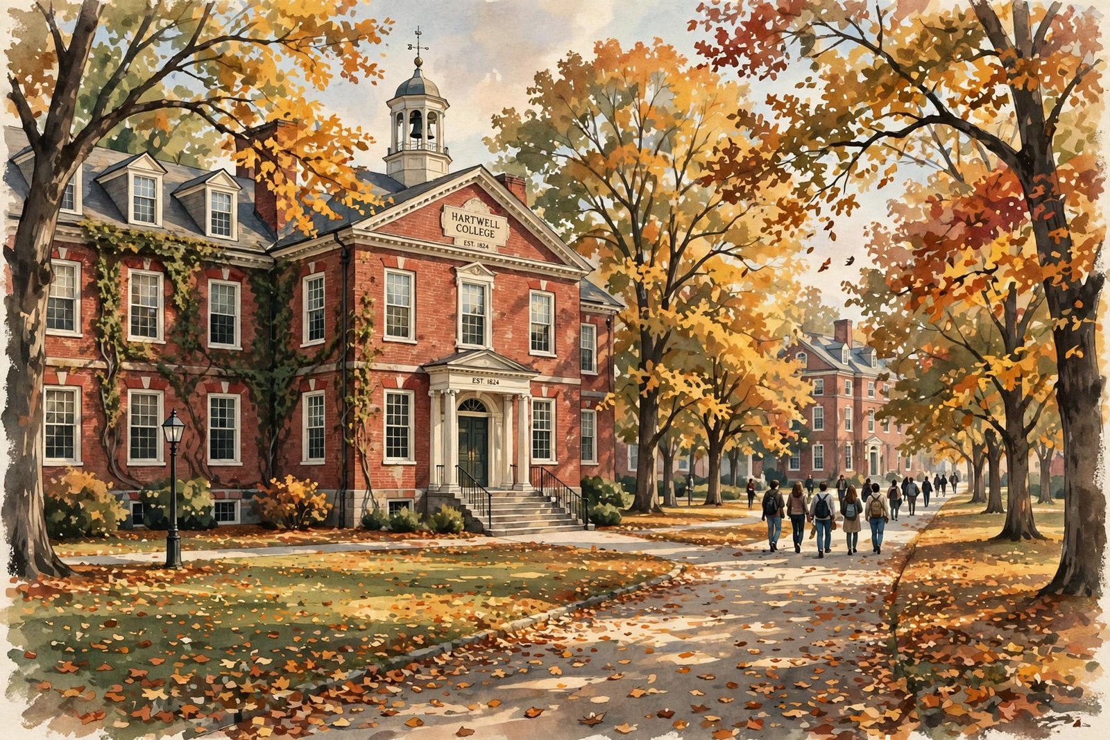Illustration of a historic liberal arts college campus in autumn, with red brick buildings and students walking along a leaf covered path
