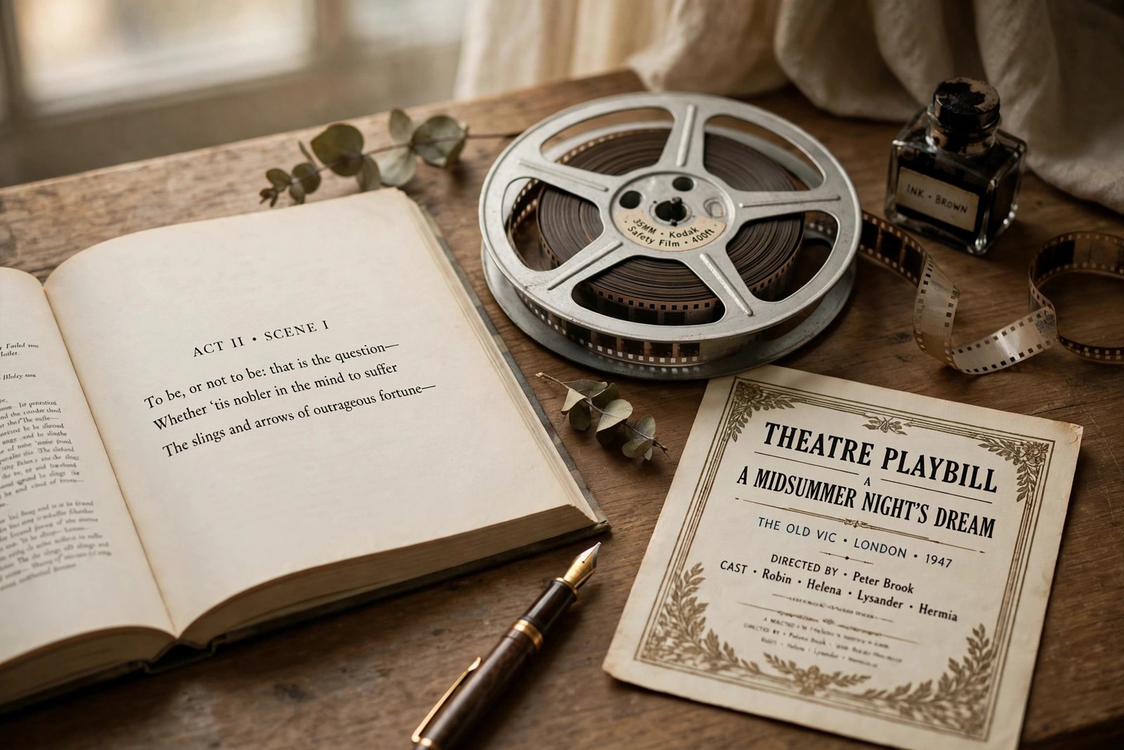 Still life illustration of an open book of plays, a vintage film reel, a fountain pen, and a theatre playbill on a wooden desk