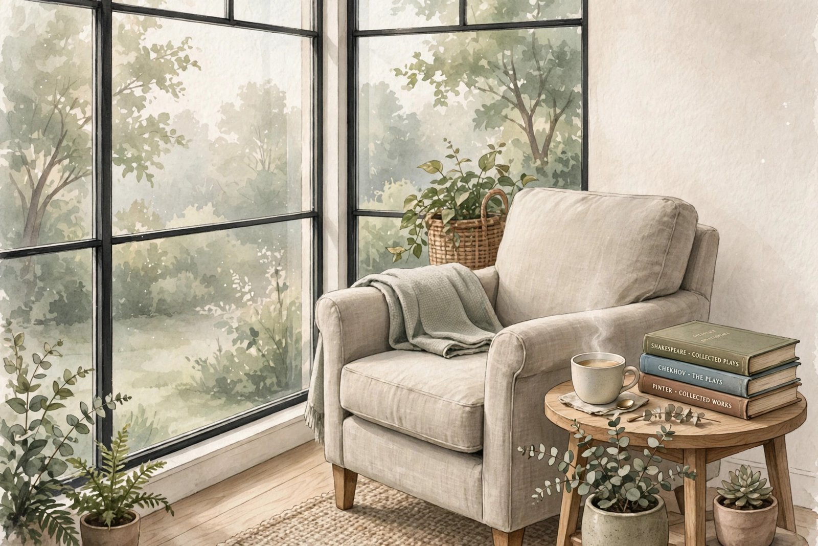 Illustration of a quiet reading corner by a large window, with an armchair, a cup of tea, and collected plays by Shakespeare, Chekhov, and Pinter