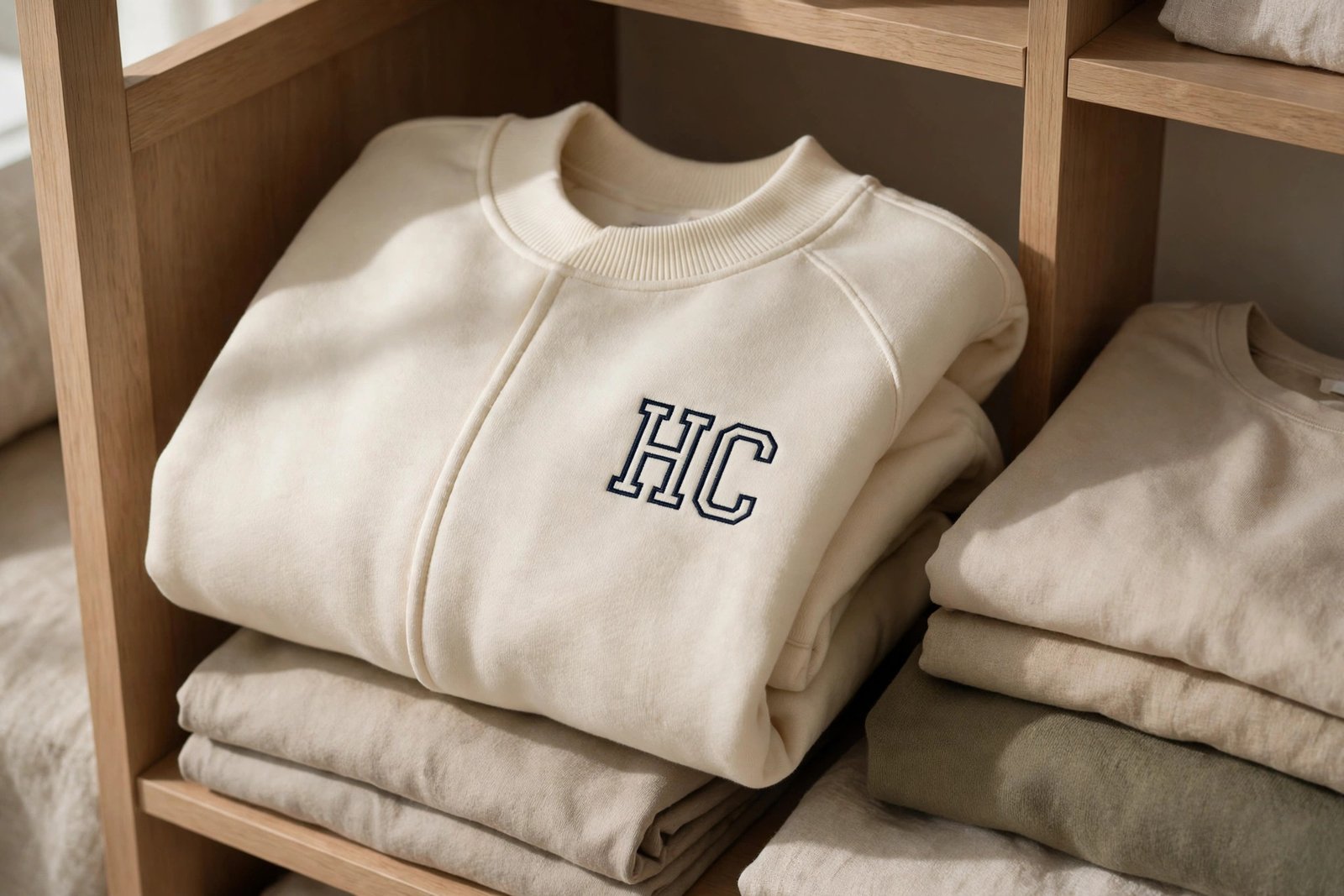 Folded cream varsity-style sweatshirt in a minimalist wardrobe