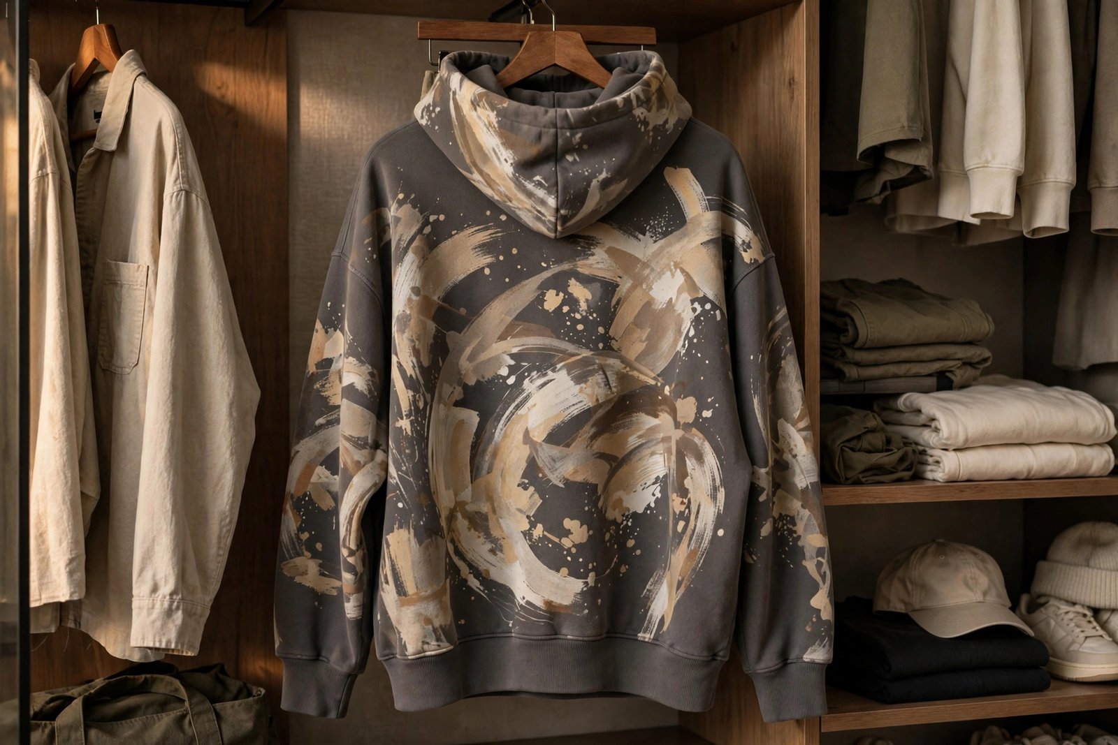 Expressive graphic hoodie hanging in a modern streetwear closet