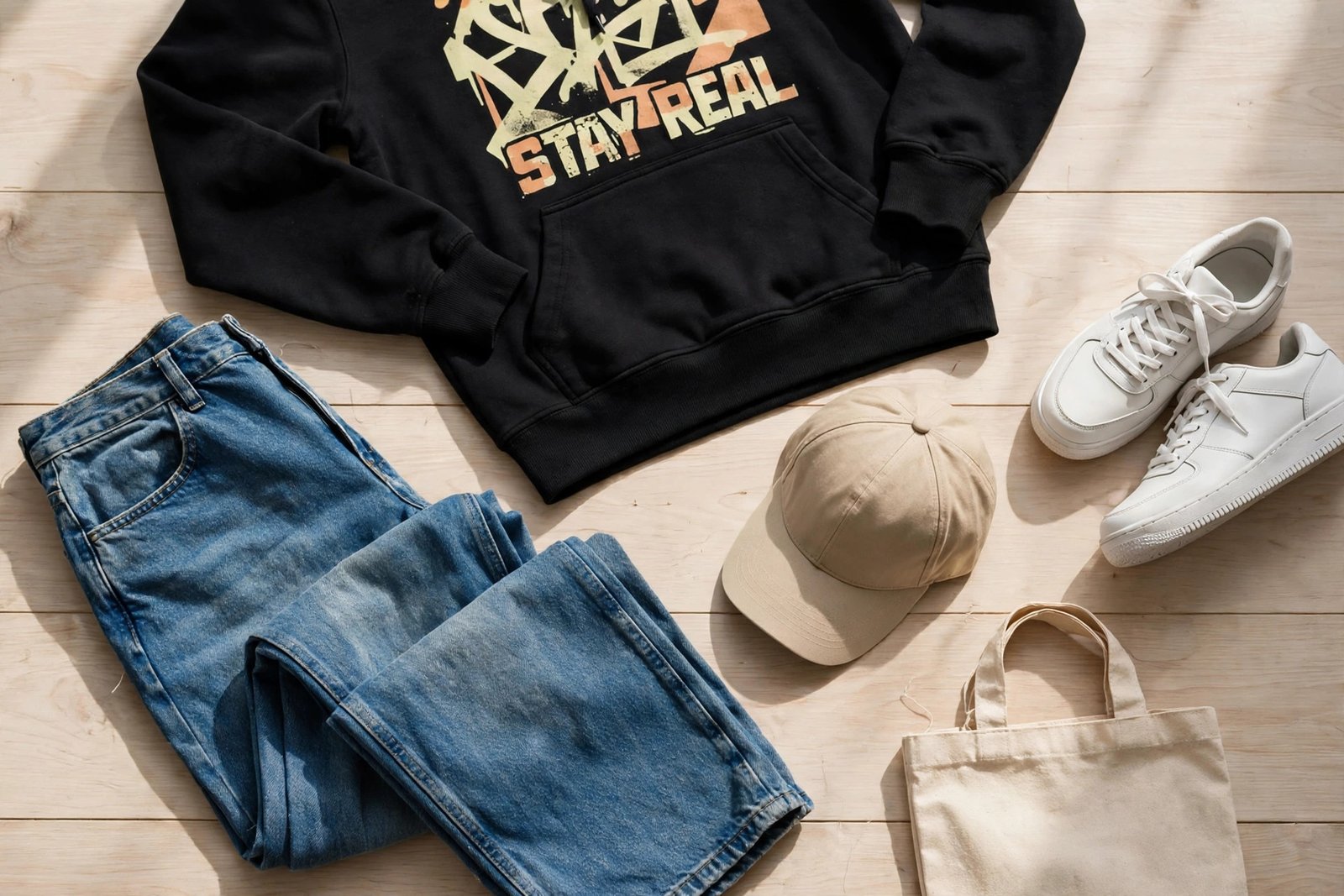 Styled everyday streetwear outfit flat lay with hoodie, baggy jeans and sneakers