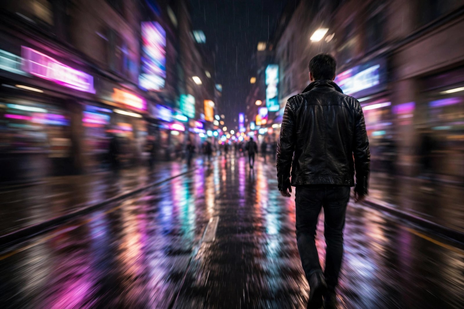Anonymous man in a leather jacket walking through a neon-lit city street at night in the rain, editorial illustration for the Rhett Hartzog biography