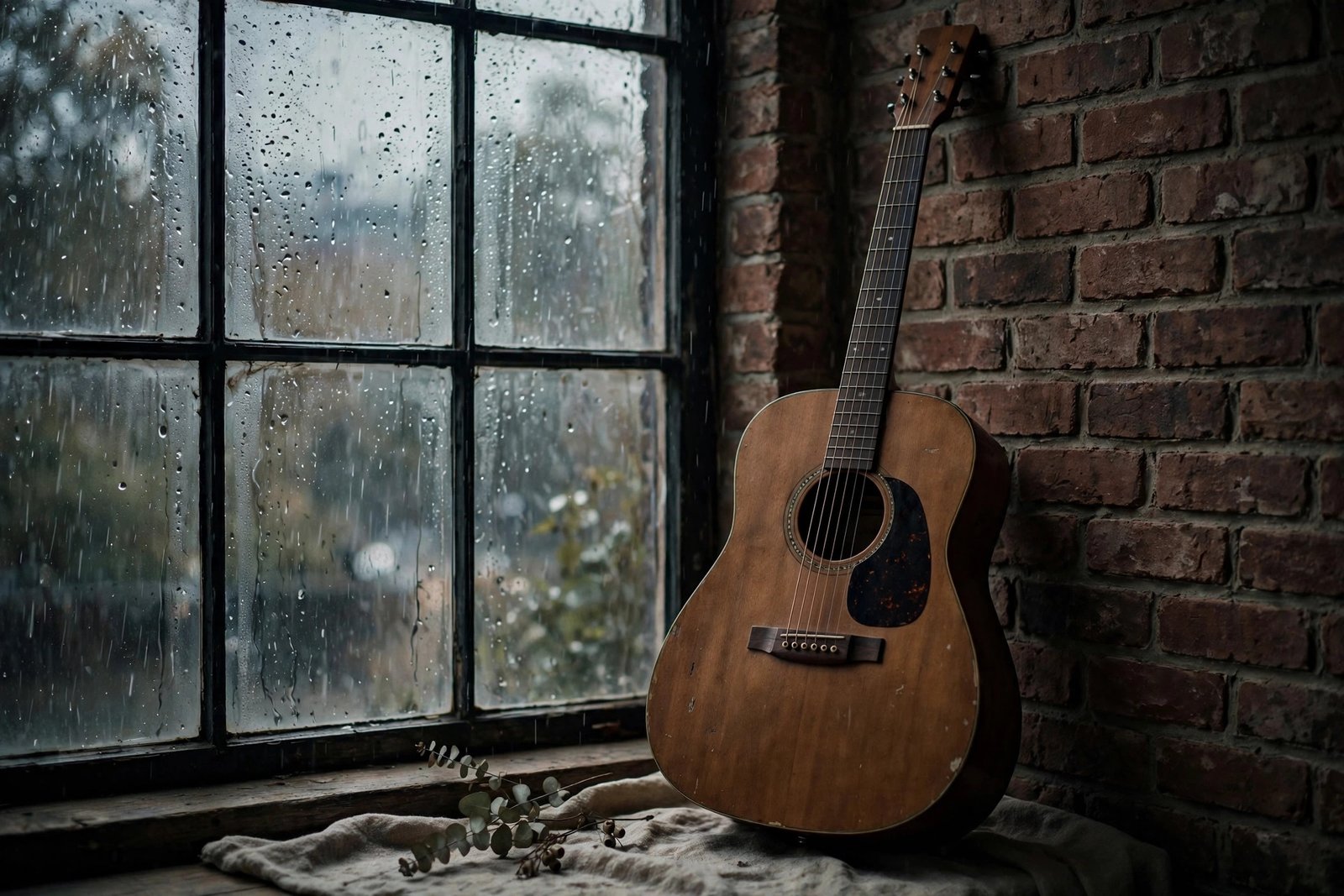 Acoustic guitar leaning against a brick wall beside a rain-streaked window, quiet editorial image for the Rhett Hartzog biography
