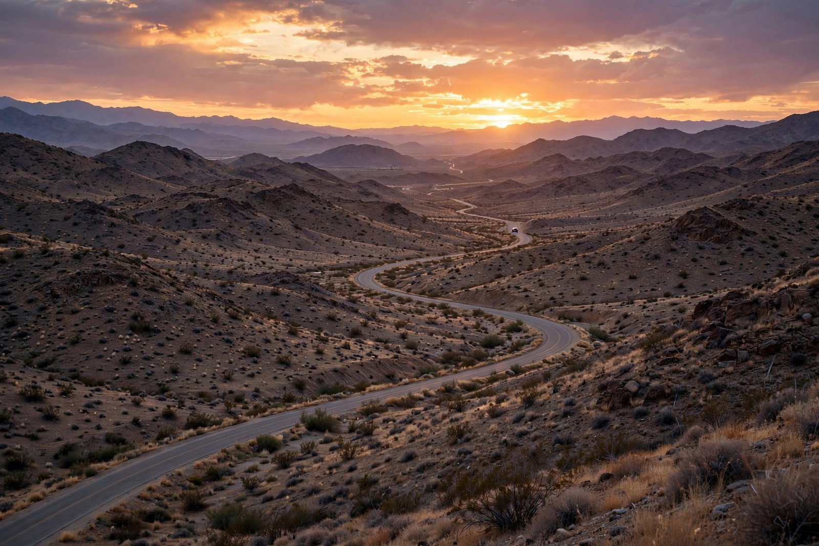 Open desert road stretching through hills at sunset with a lone car in the distance, contemplative editorial image for the Rhett Hartzog biography