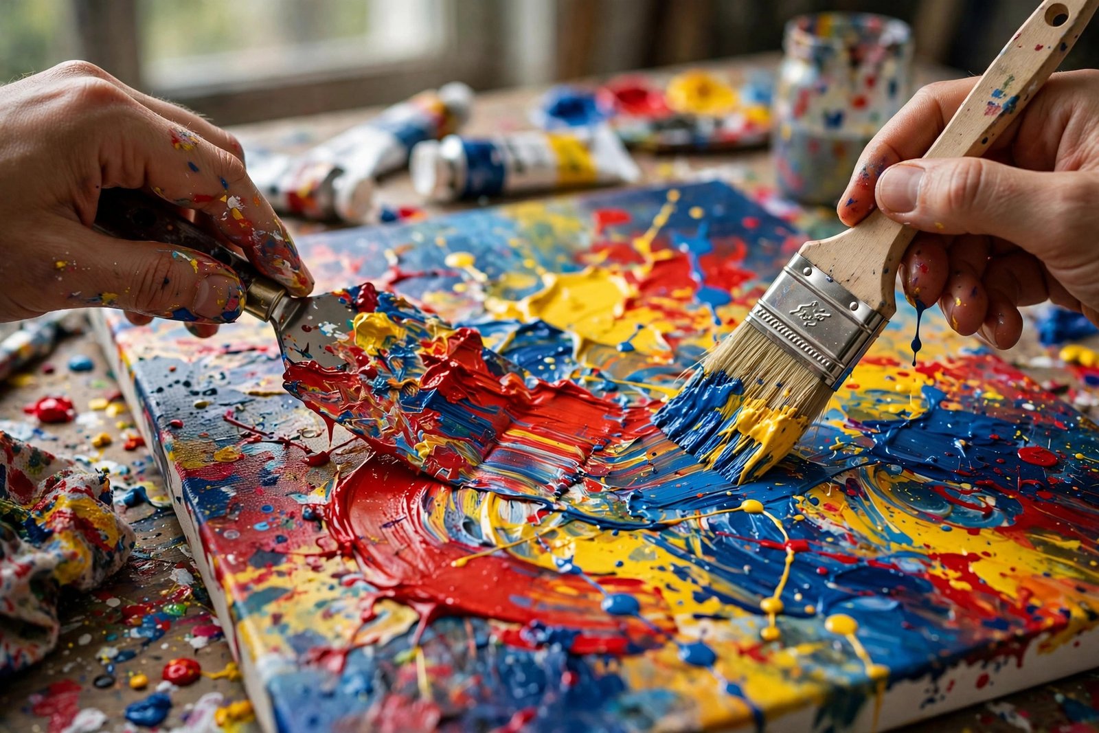 Colorful abstract acrylic painting being created in an art studio, representing Simon Luckinbill's painting style