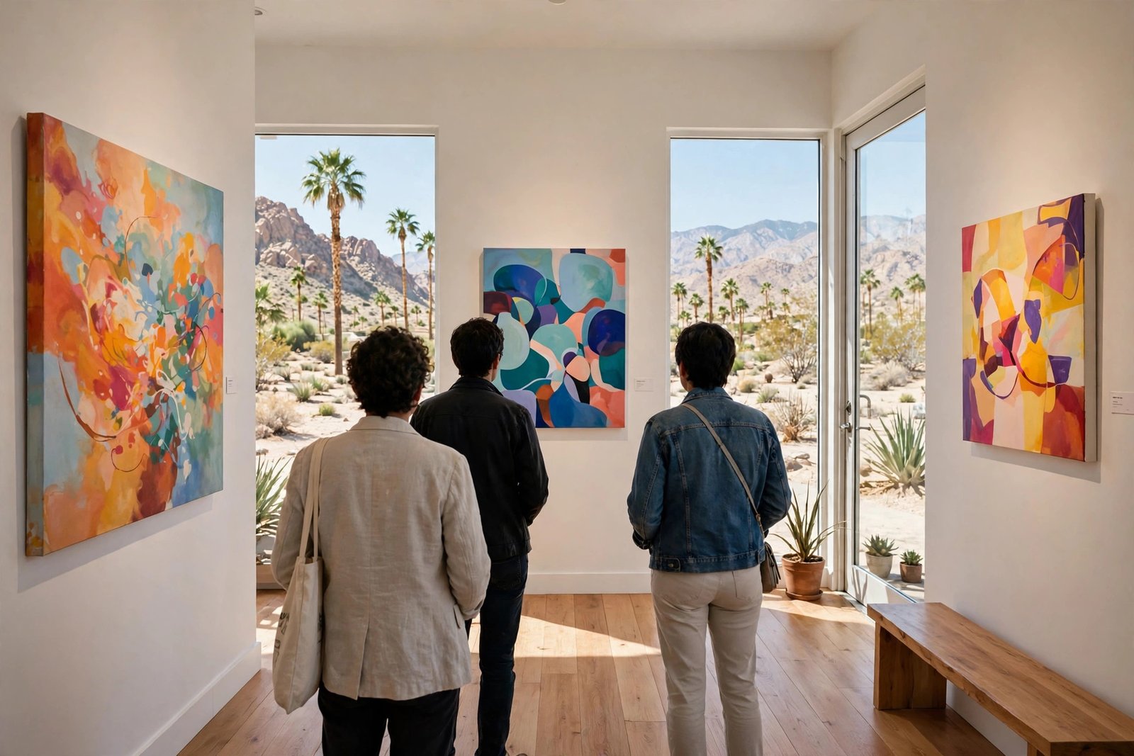 Colorful abstract paintings hanging on white walls in a Palm Springs art gallery