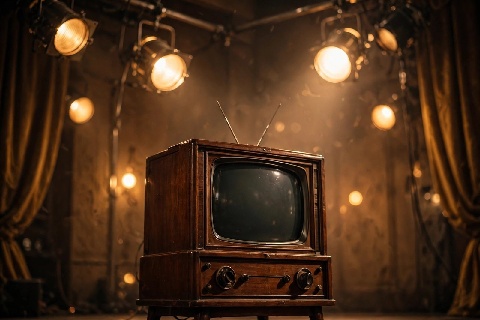 Classic television set and warm stage lights evoking the I Love Lucy era of Lucille Ball and Desi Arnaz