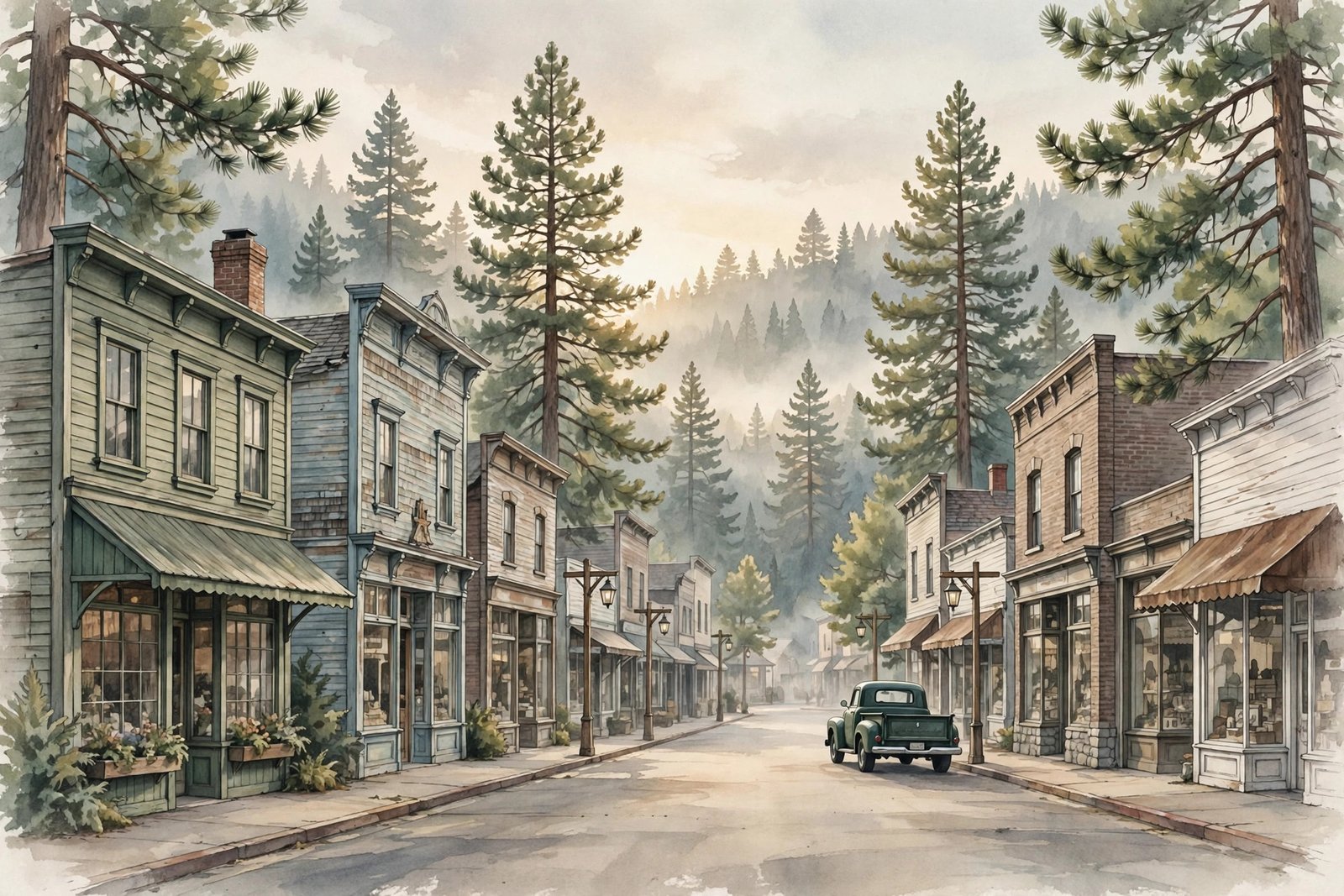 Generic editorial illustration of a quiet California foothill town at golden hour, evoking the classic Western television era