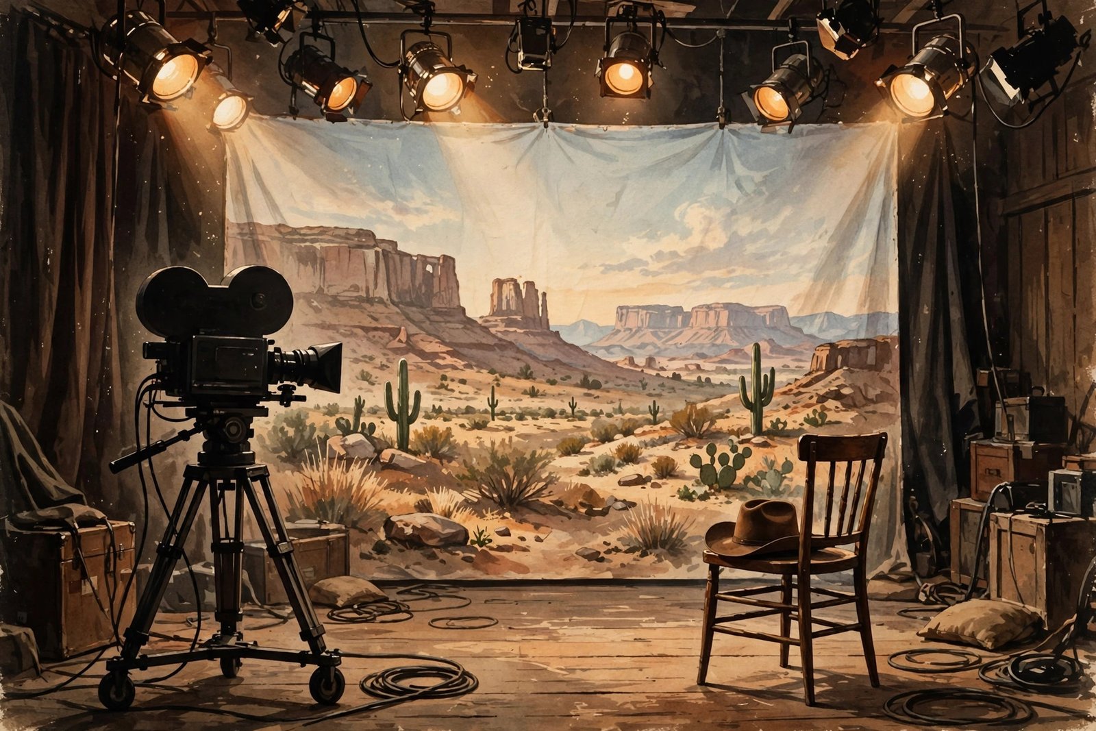 Generic editorial illustration of a vintage 1950s television studio with a Western backdrop and an old television camera