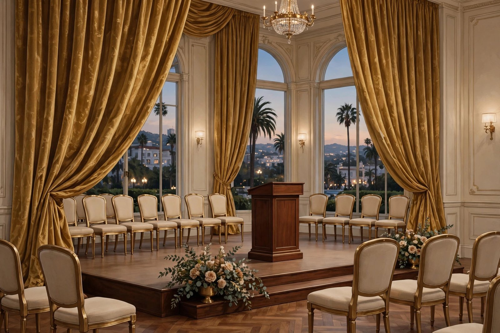 Generic editorial illustration of a quiet, elegant awards ceremony stage with golden curtains and soft evening light