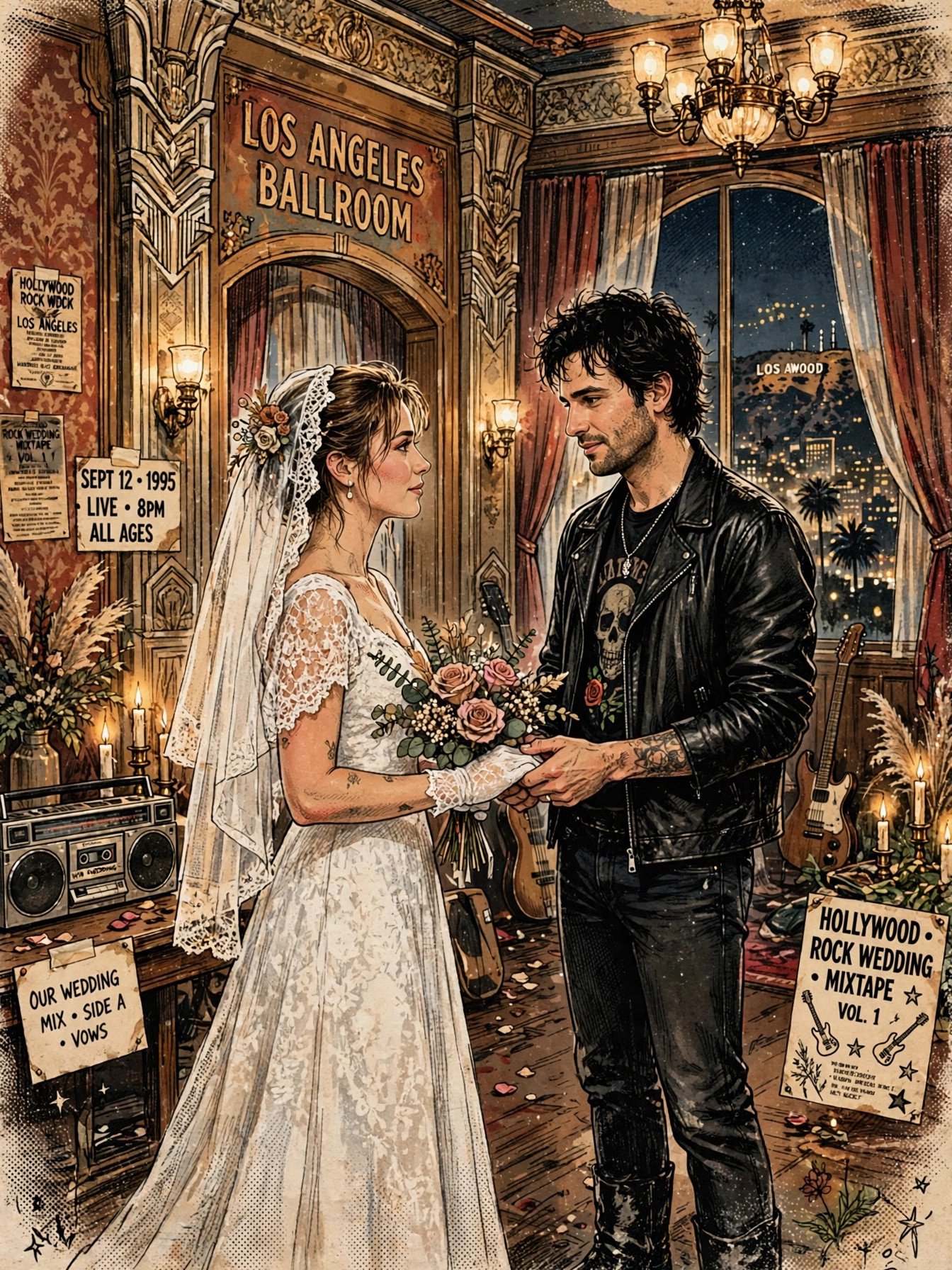 Editorial illustration of a stylized 1990s ballroom wedding scene in Los Angeles