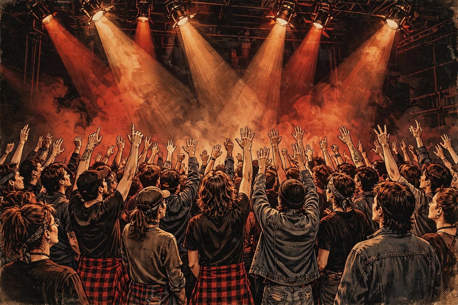 Editorial illustration of a 1990s rock concert crowd with raised hands under dramatic stage spotlights