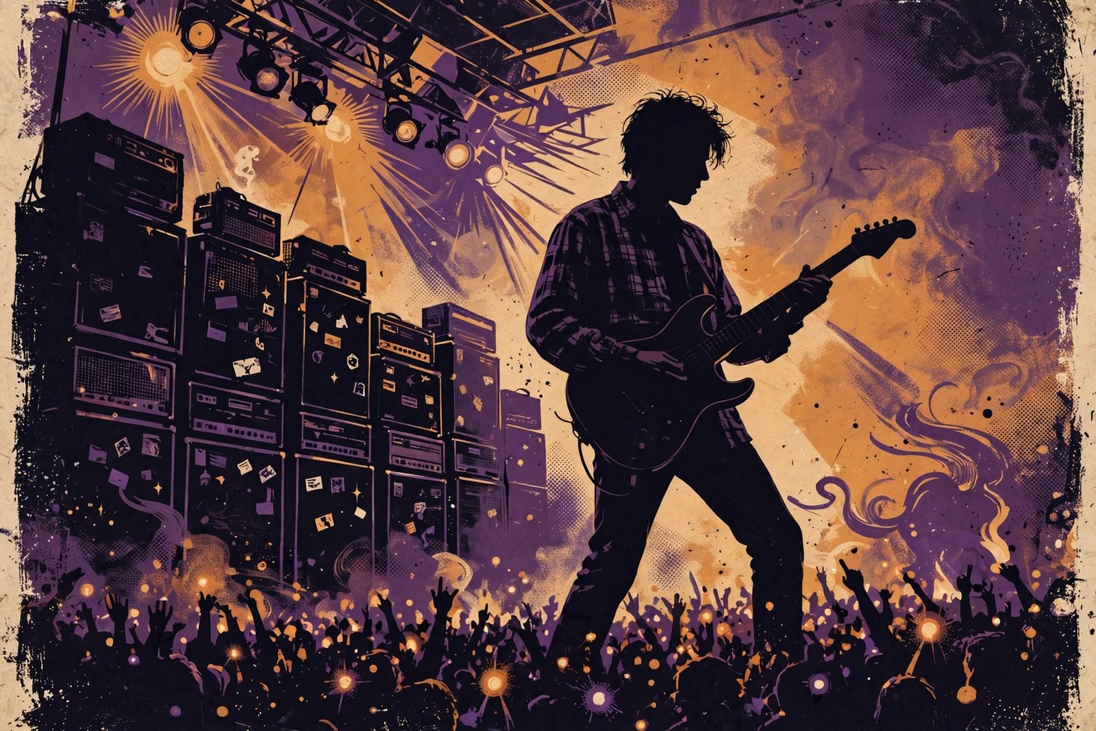 Editorial illustration of a 1990s alternative rock guitarist silhouette performing on stage